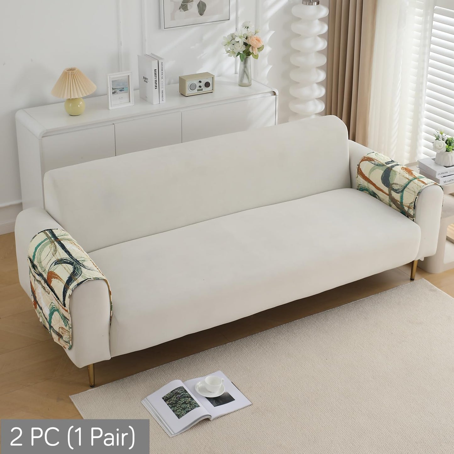 Water Repellent & Waterproof Sofa Armrest Covers with Pockets (Set of 2) - Parchement Beige Abstract Art