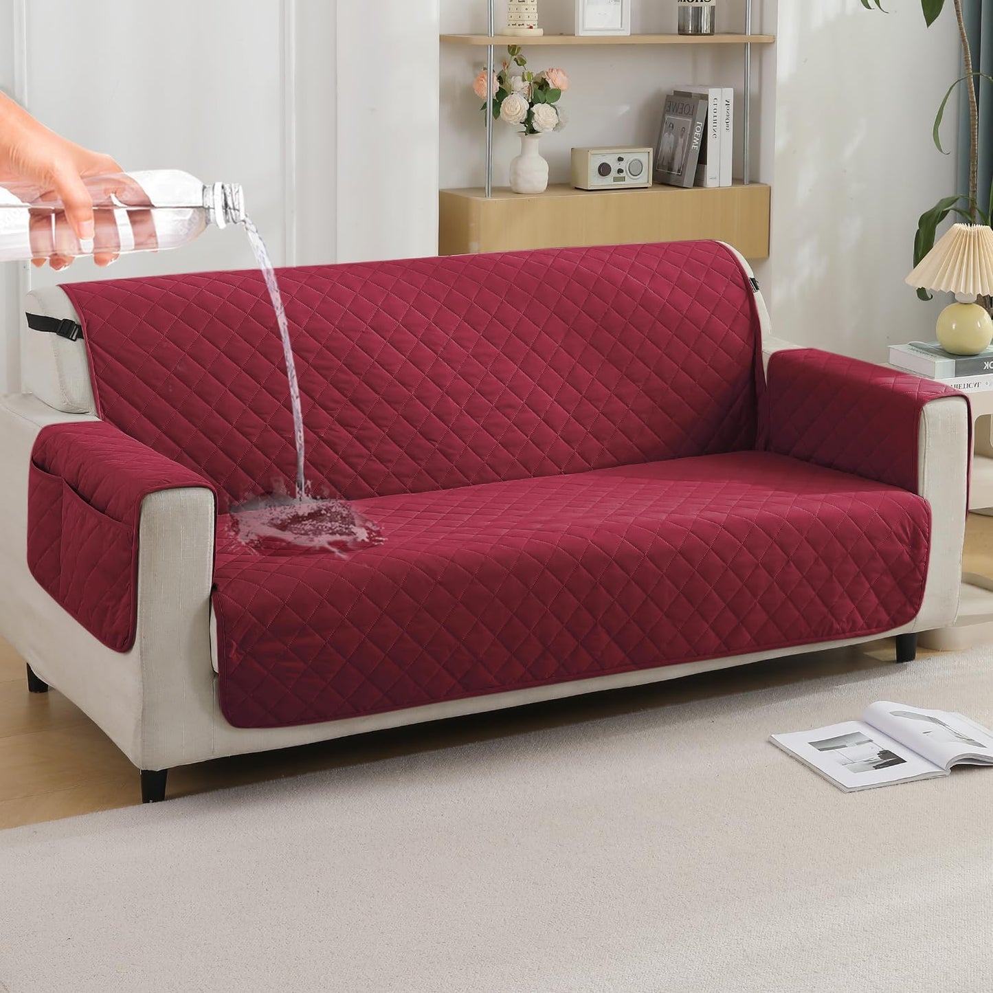 Quilted Waterproof Sofa Cover Mat with Pockets on Armrest Cover - Maroon