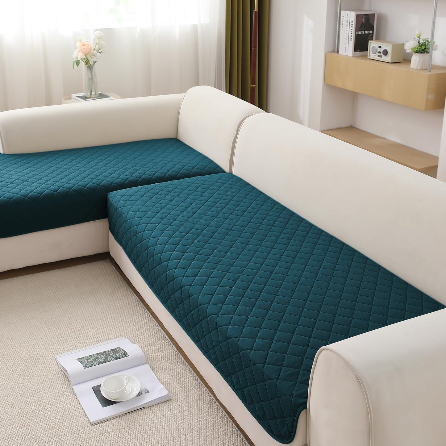 HOKIPO Waterproof Quilted Quick Dry L Shape Sofa Seat Cover Mat, Peacock Blue