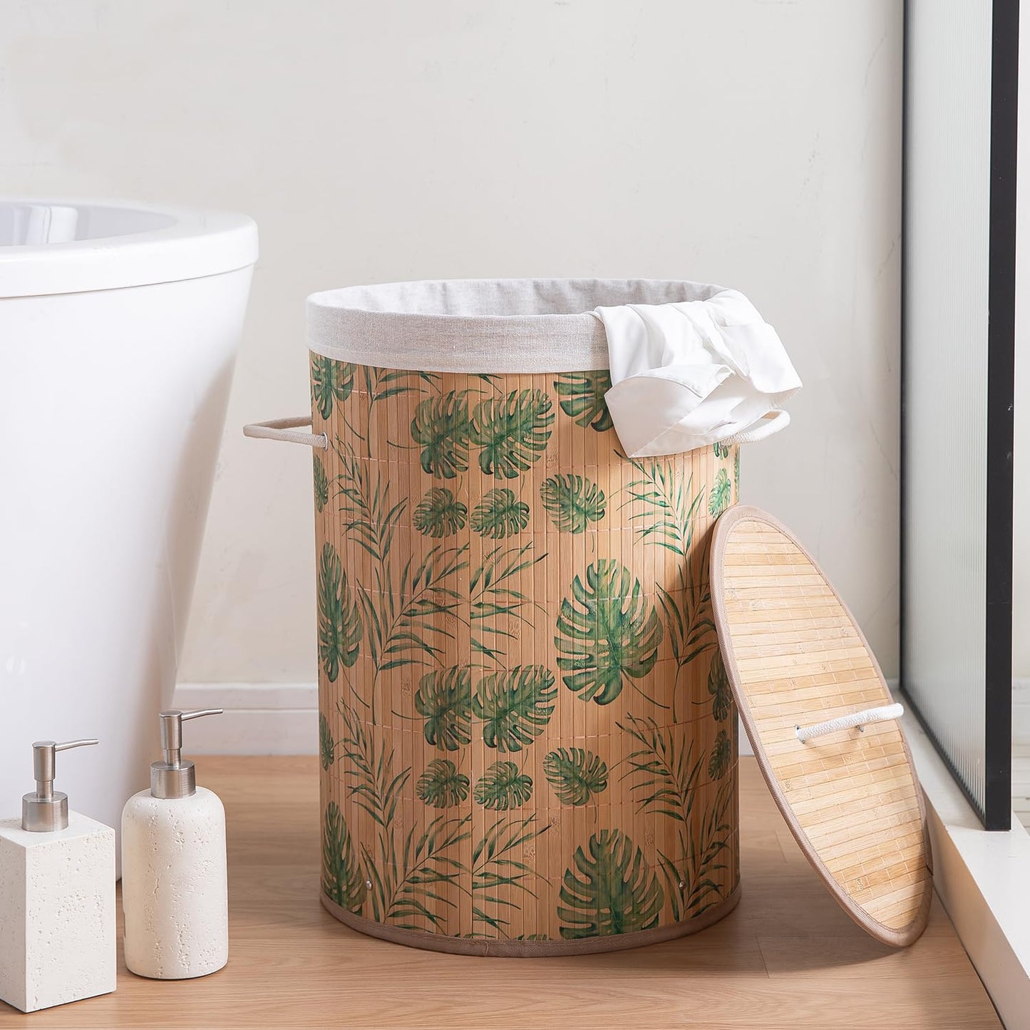 Eco-Friendly Foldable Bamboo Laundry Basket Hamper with Lid, Large, 61 Litre, Tropical Leaves