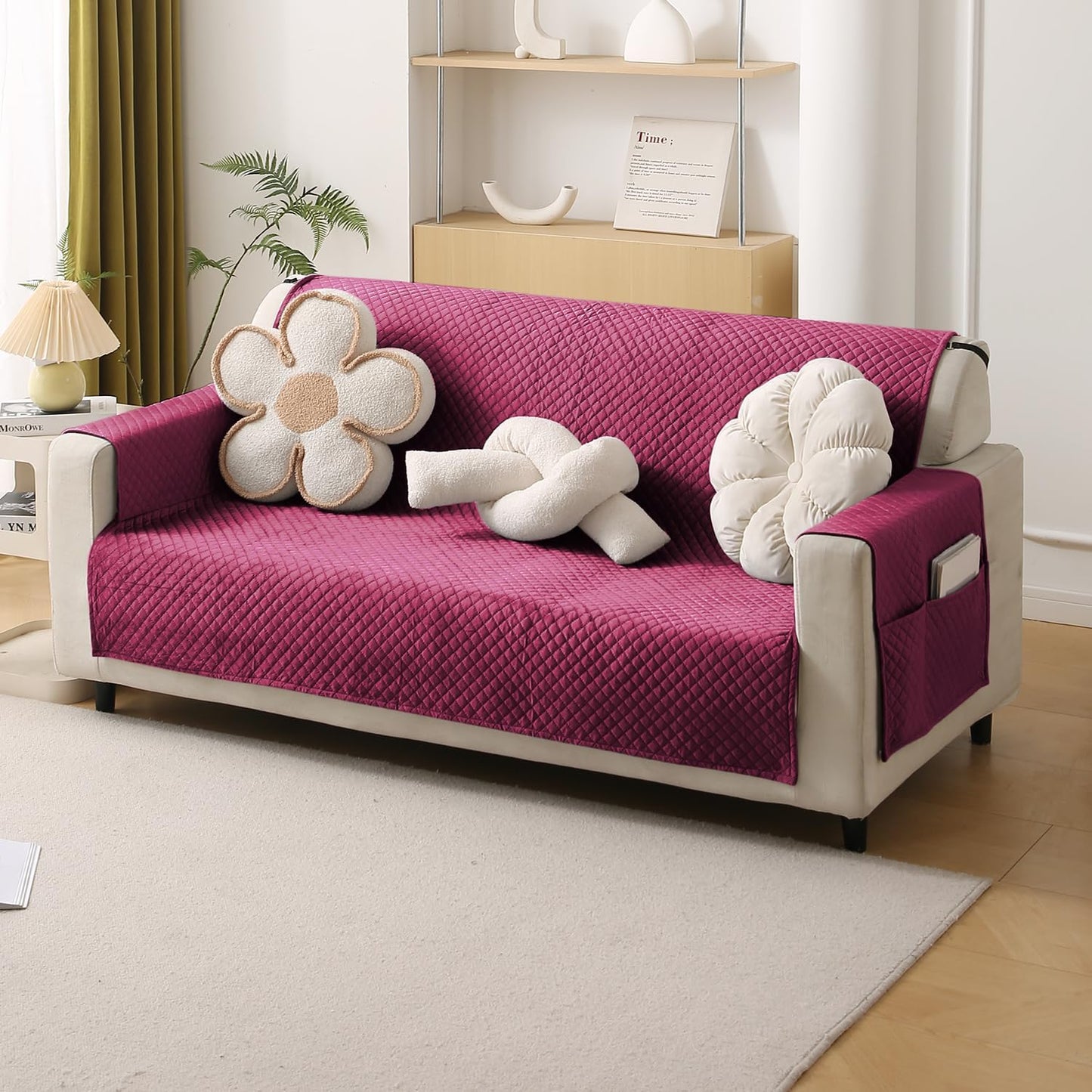 Quilted Velvet Sofa Cover Mat with Side Pockets, Pet Friendly, Wine