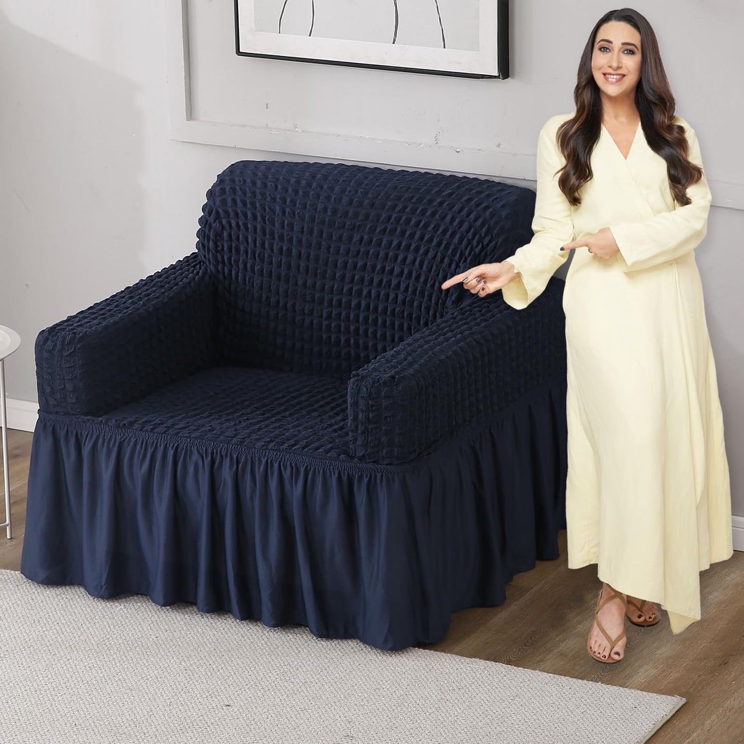 Navy Blue Single seater Elastic Turkish Bubble Frill sofa cover set