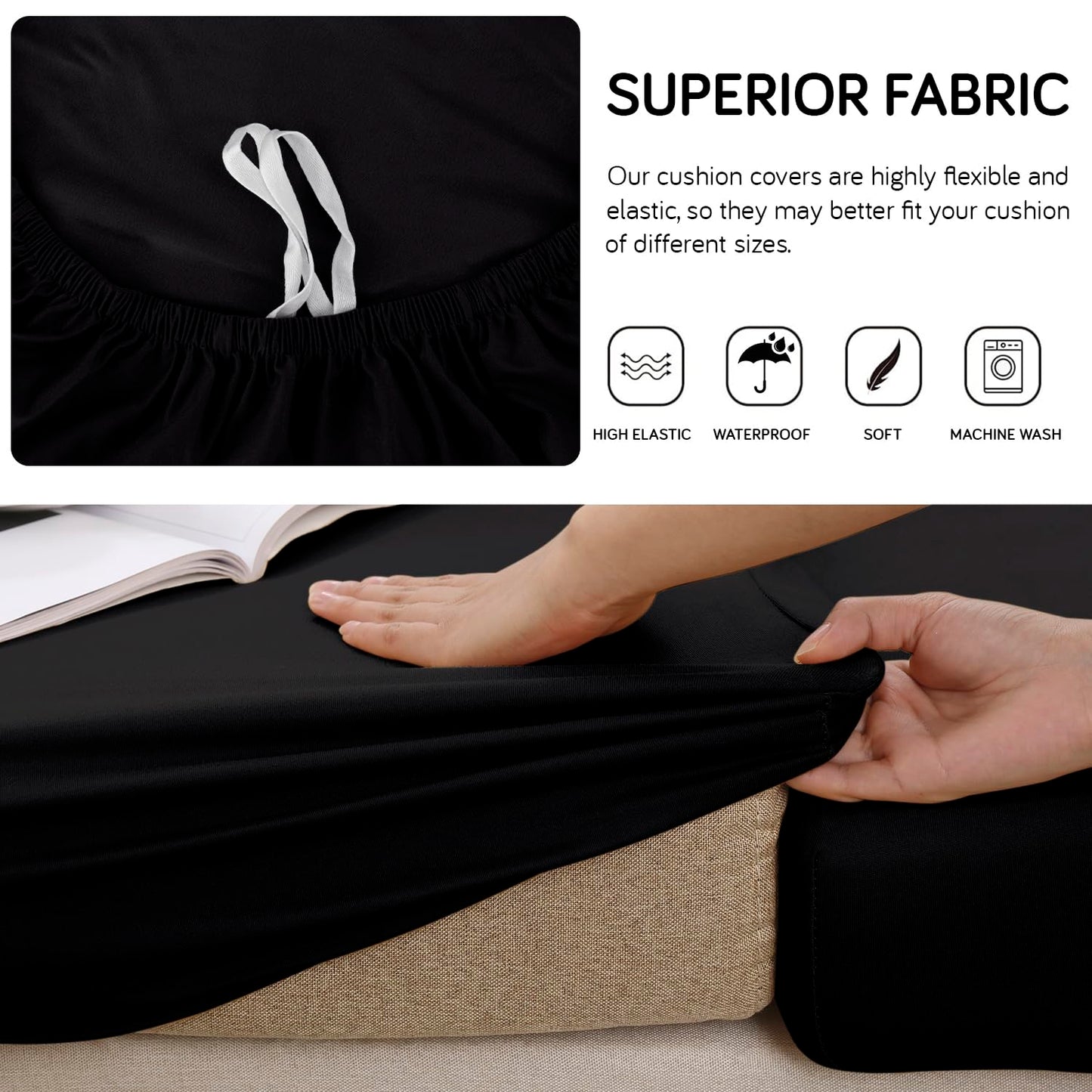 100% Waterproof Stretchable Seat Couch Cushion Cover for 1/2/3 Seater, Black