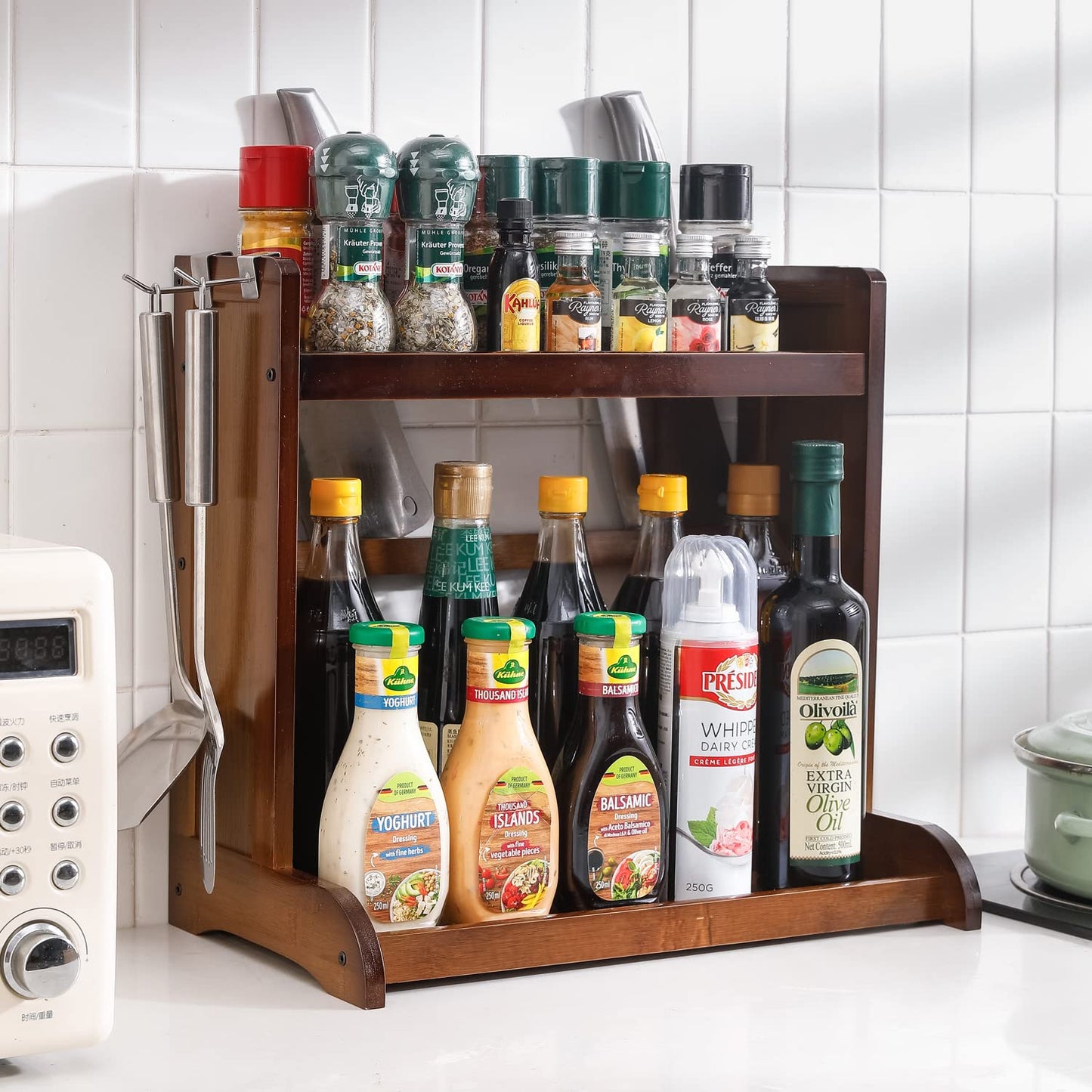 Bamboo 2 Tier Spice Rack Organizer For Tiered Shelf Kitchen Platform Counter Top Rack Storage Shelf Stand