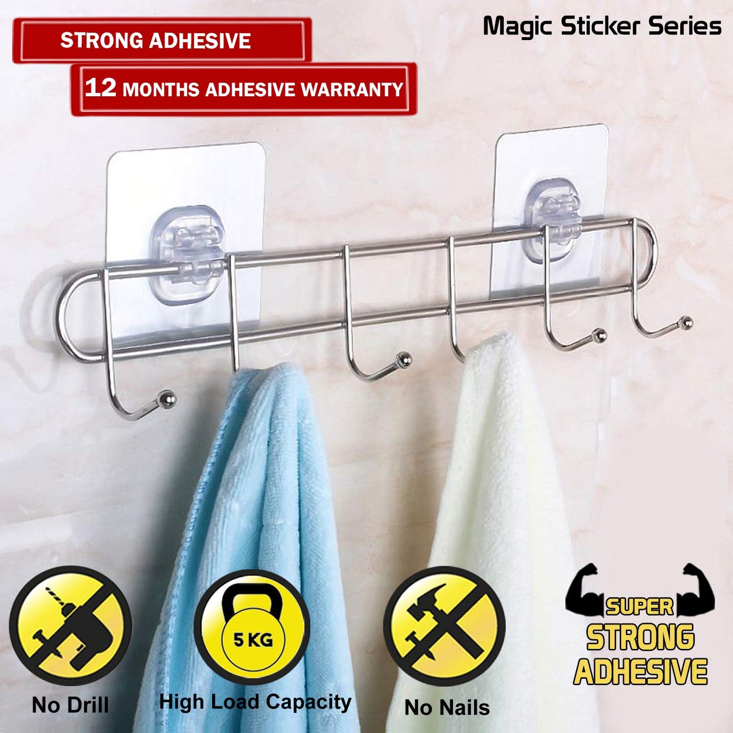 Magic Sticker Series Self Adhesive Stainless Steel 6/8 Hook Rail - 5KG Load Capacity