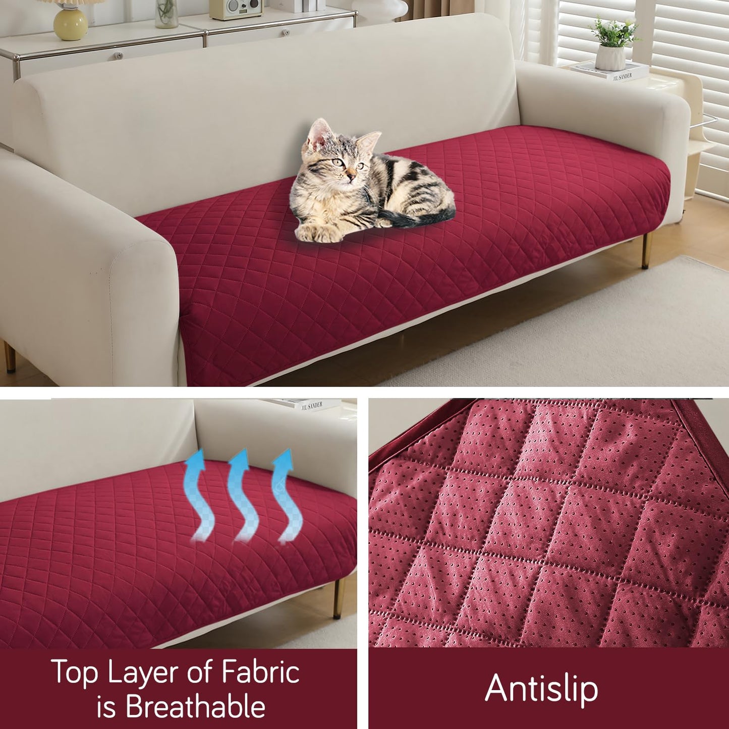 Waterproof Anti-Slip Quick Dry Sofa Seat Mat for 1/2/3 Seater, Maroon