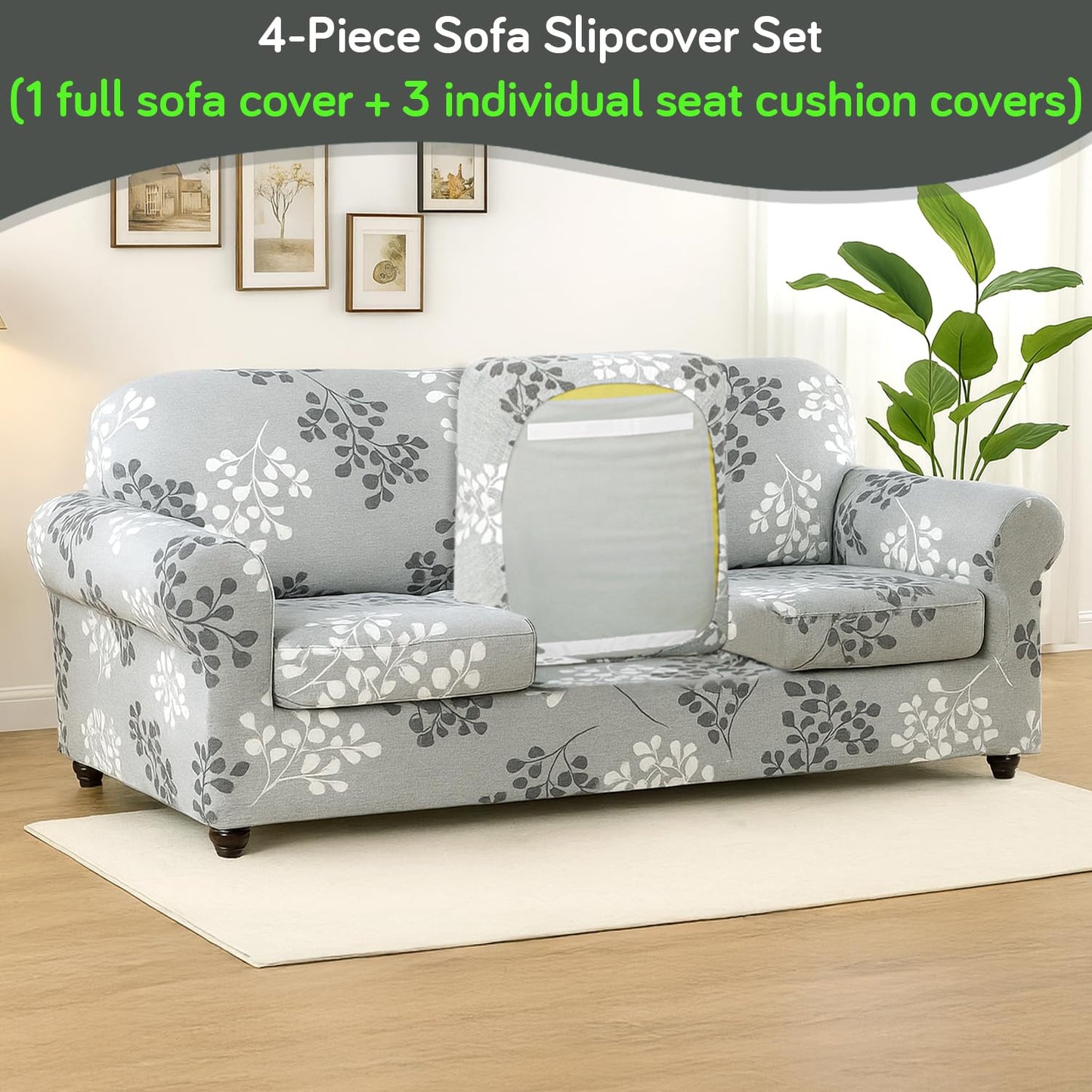 Printed Stretchable Sofa Slipcover with 1/2/3 Pc Separate Seat Cushion Cover for each 1/2/3 Seater, Grey Misty Branches