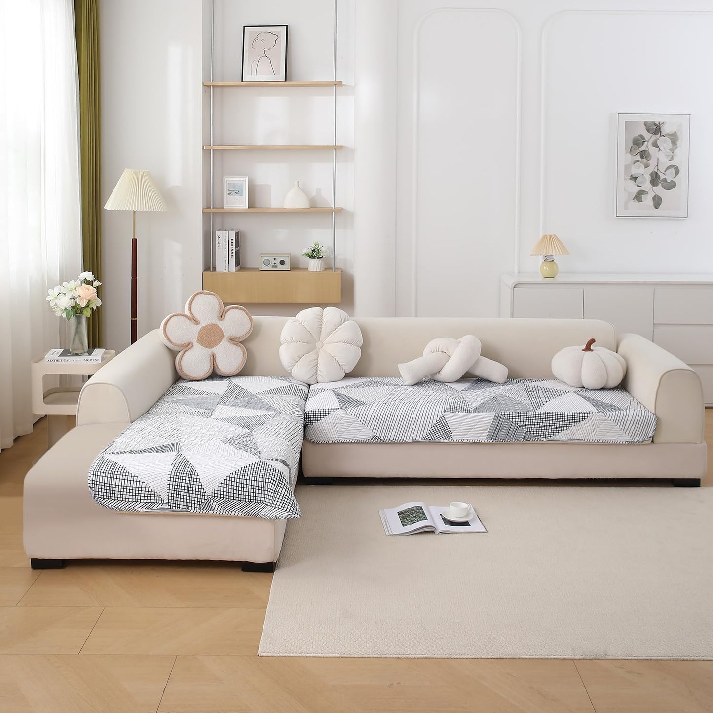 Waterproof Printed Quilted Quick Dry L Shape Sofa Seat Cover Mat, Snow White Black Geometry