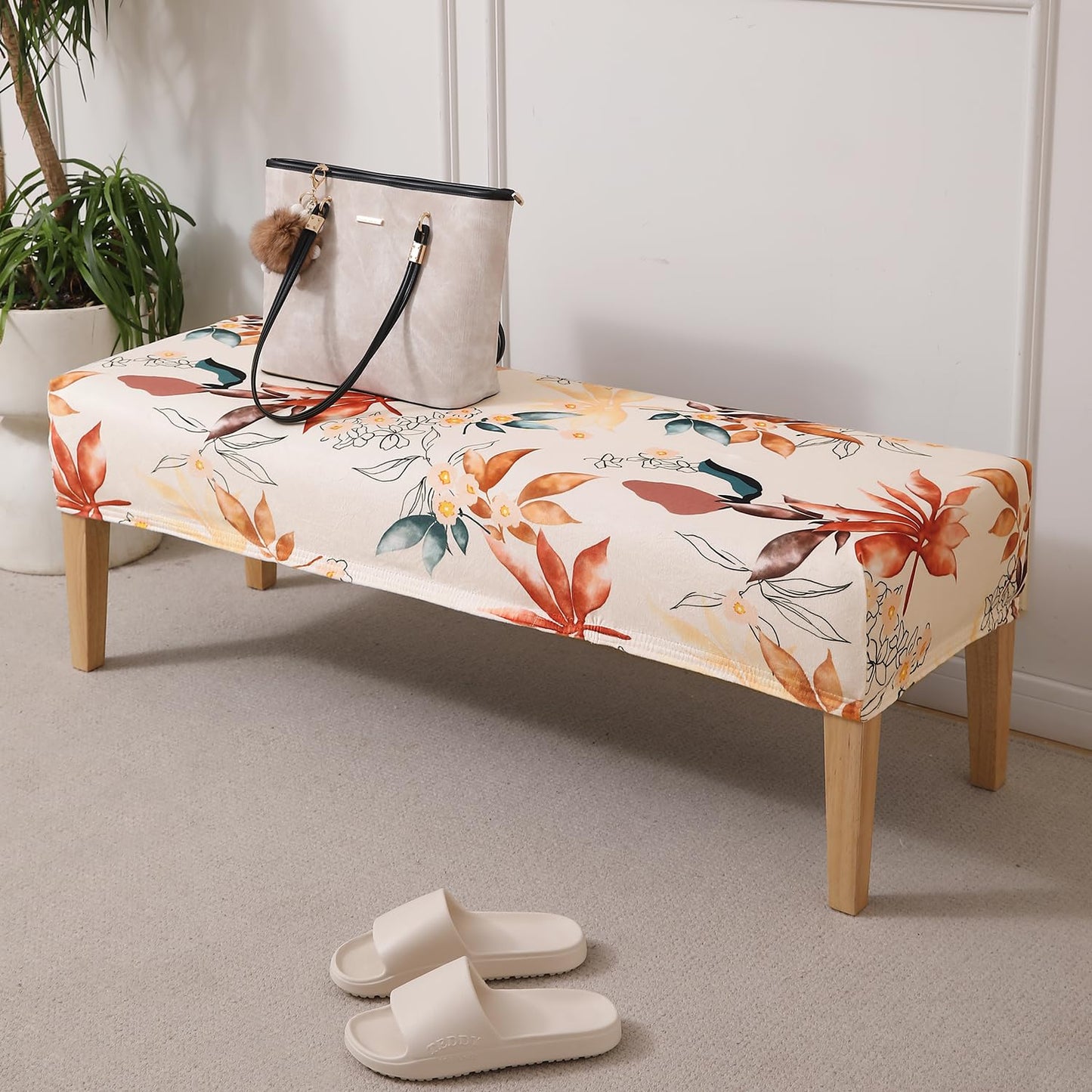 Premium Printed Velvet Elastic Dining Bench Cover, Amber Serene Flora