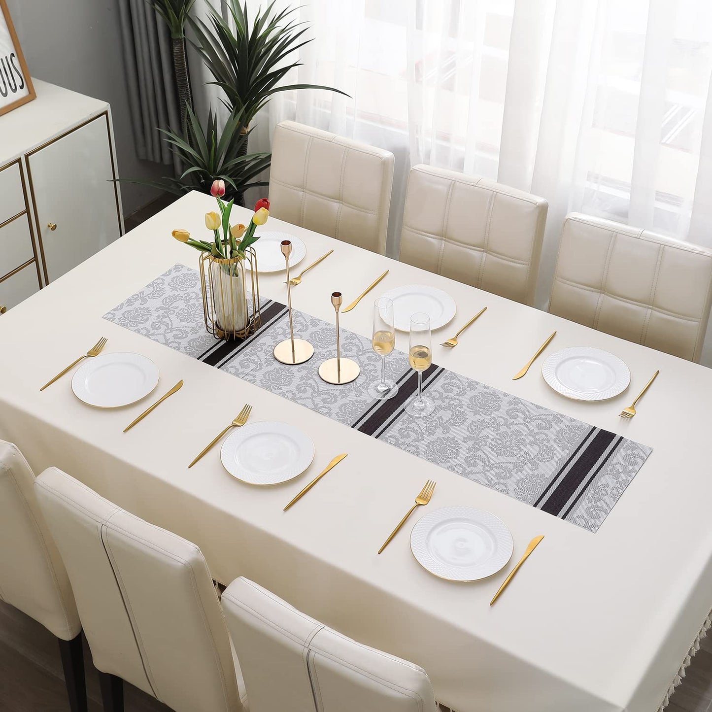 PVC Table Runner Dinner and Coffee Table, 30x135 cm, Damask Grey