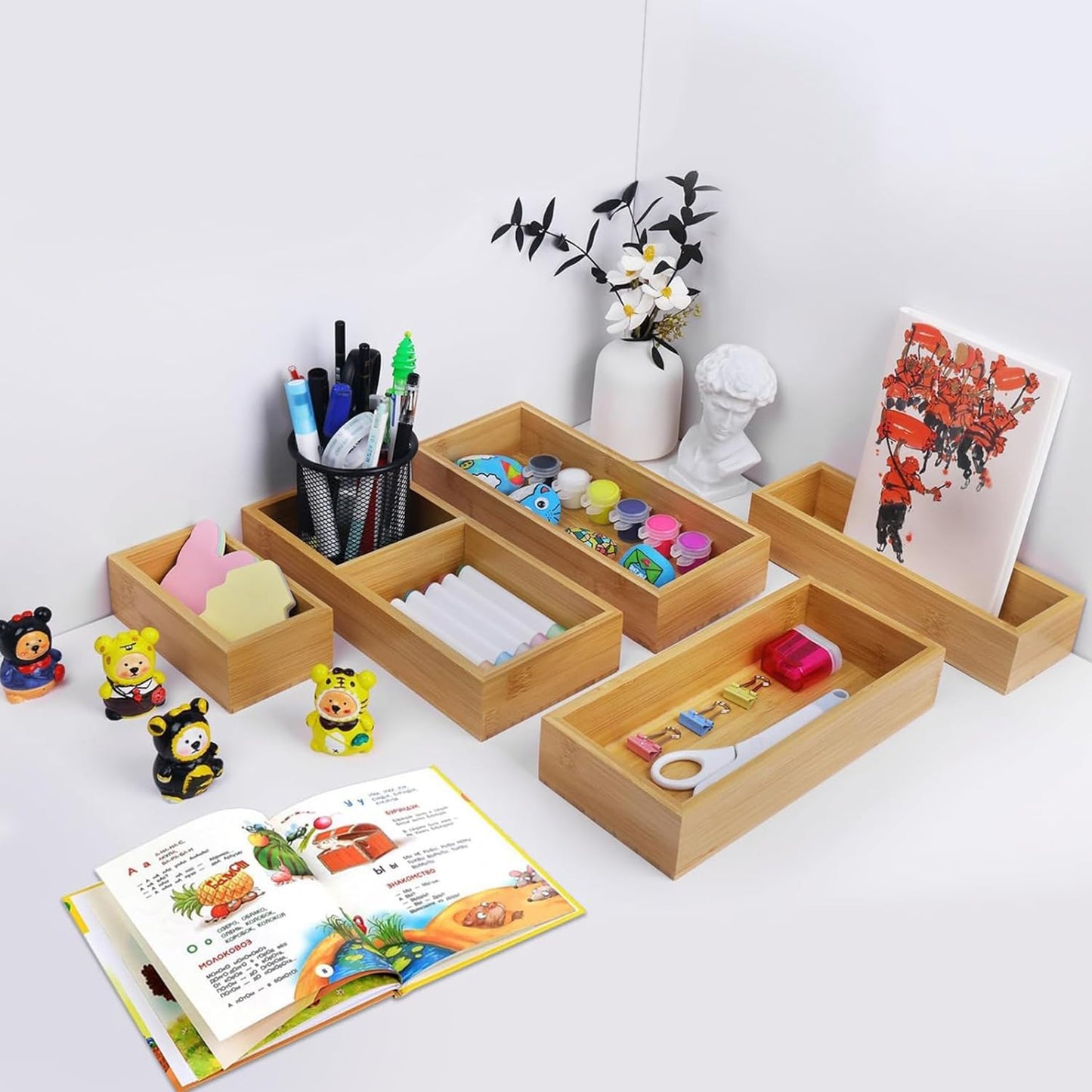 Bamboo Drawer Organizer Storage Box for Home, Bathroom, Kids Room Office Desk Organizer
