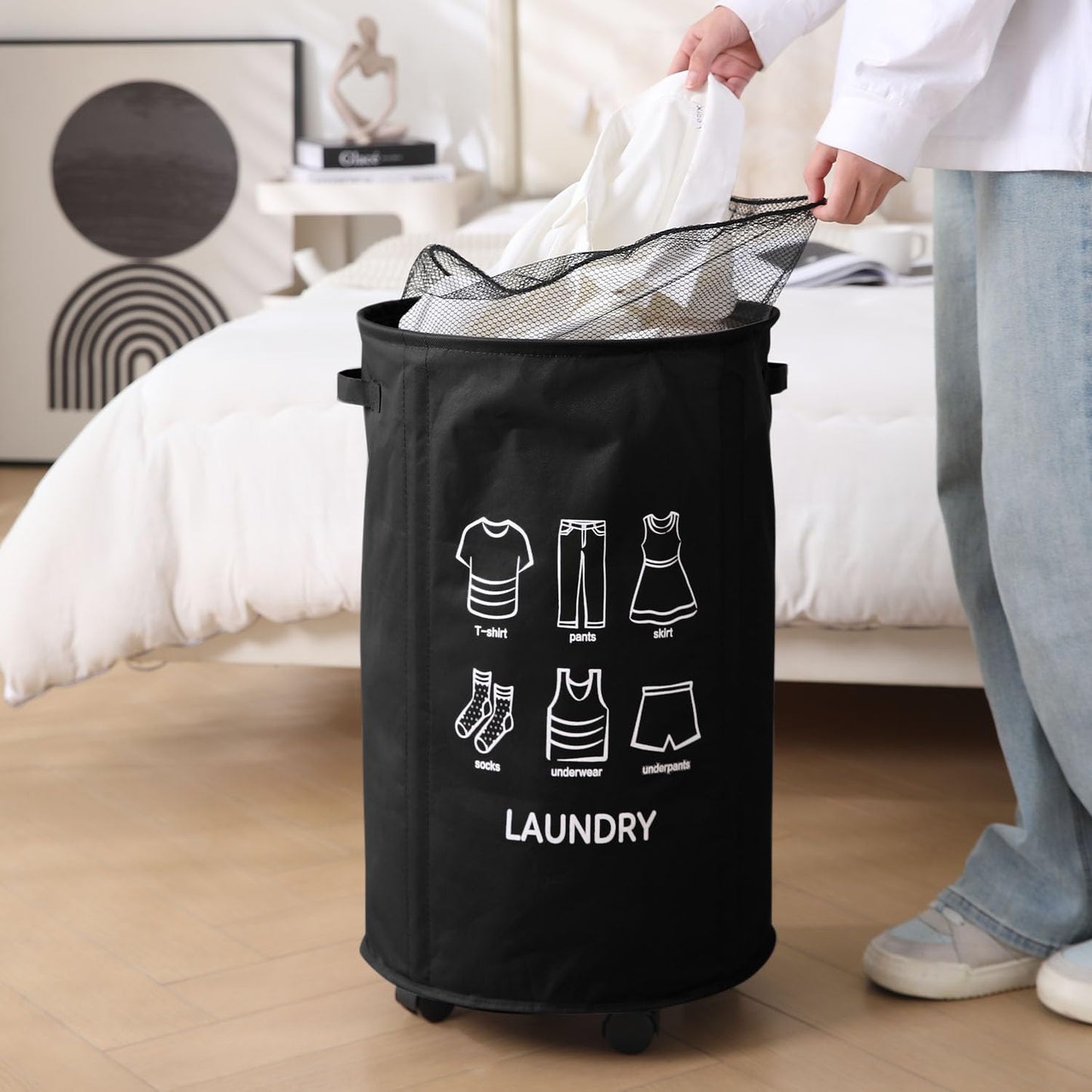 Laundry Basket Foldable Hamper With Wheels, Black