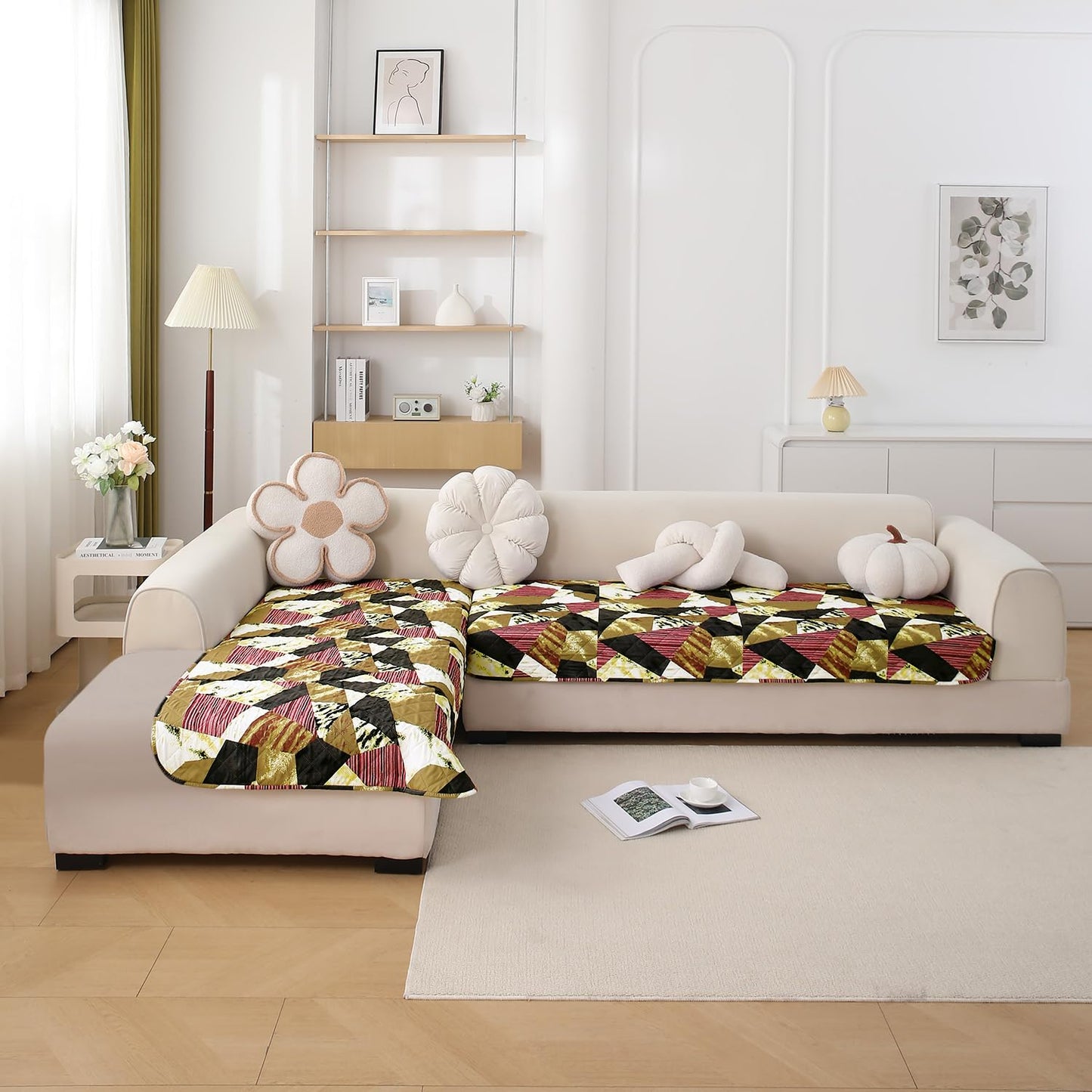 HOKIPO Waterproof Printed Quilted Quick Dry L Shape Sofa Seat Cover Mat, Wine Abstract Geometry