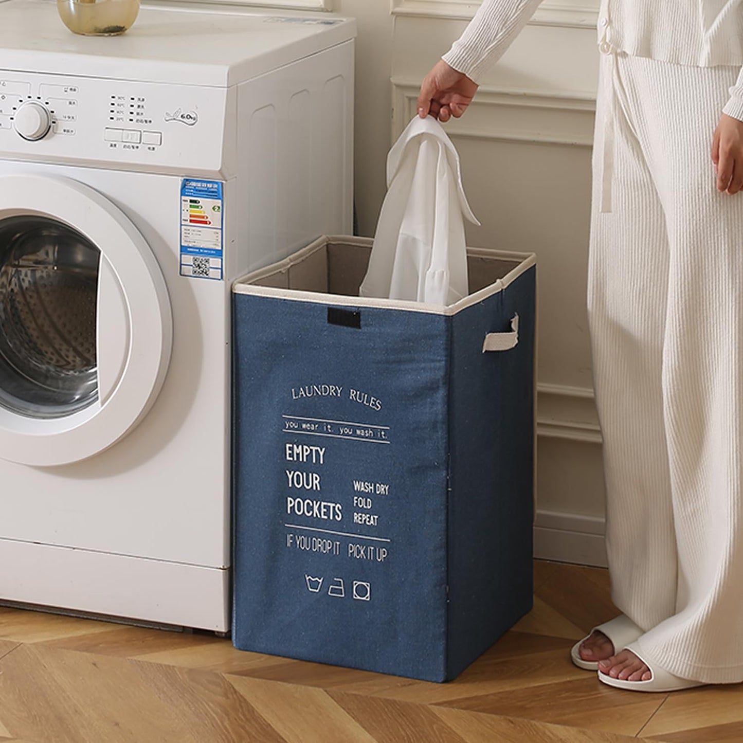 Foldable Laundry Basket for Clothes with Lid, Denim