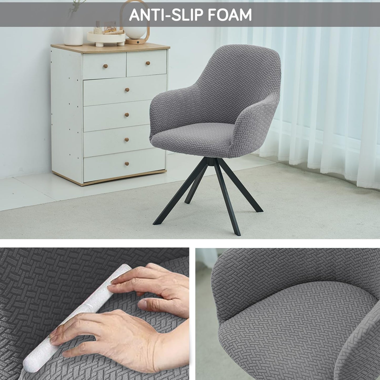 Premium Jacquard Fully Covered Cover for Swivel Dining Chair with Arms, Grey