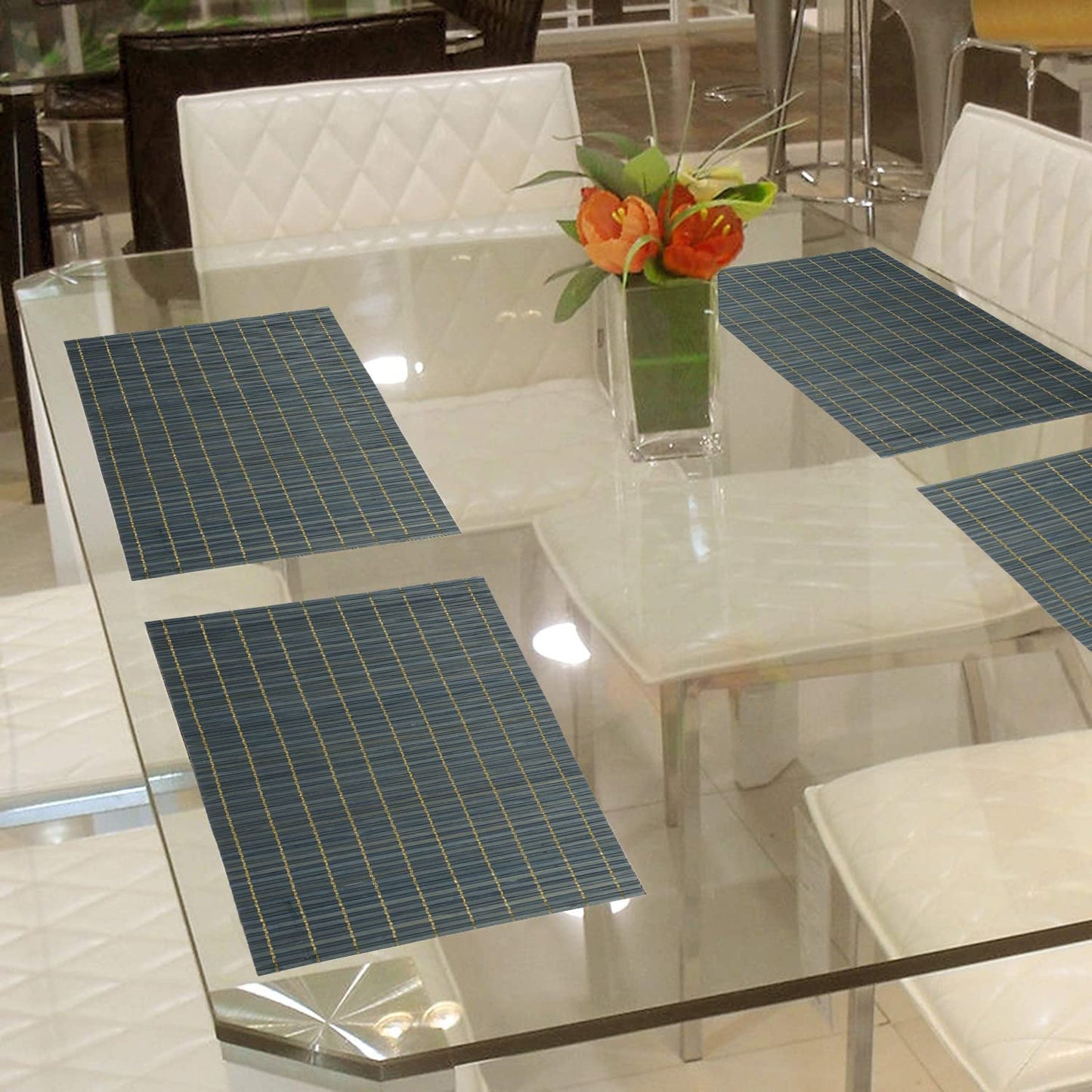 Reversible Bamboo Placemats For Dining Table Set Of 6 Table Mats, 45X30 Cm, Prussian Blue