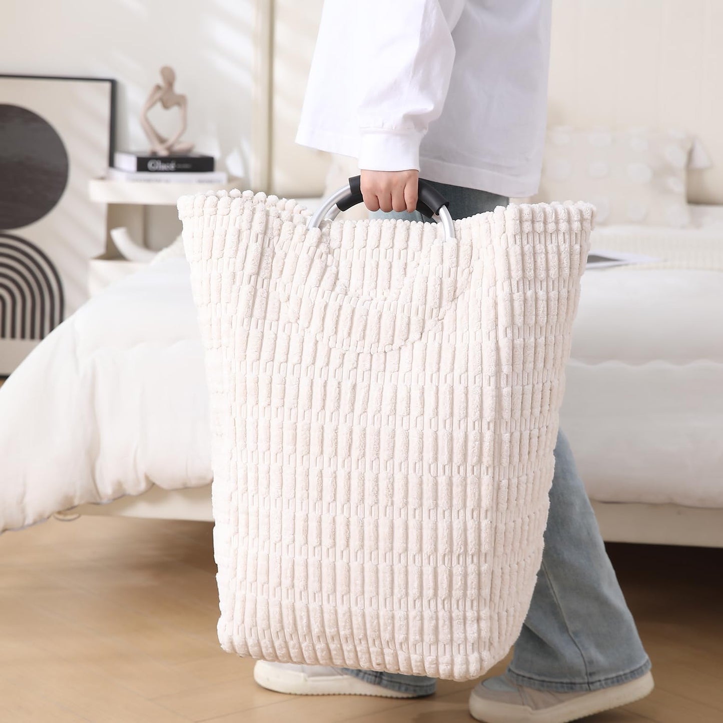 Folding Laundry Bag for Clothes Hamper Basket, Collapsible Storage Basket, Cream
