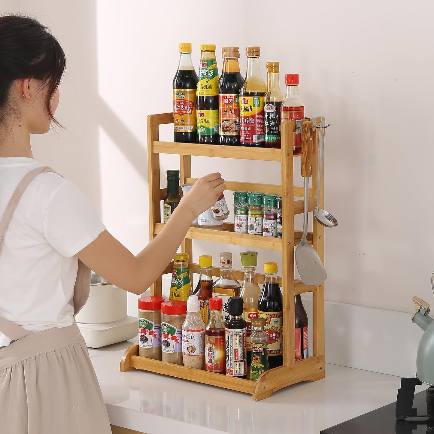 3 Tier Bamboo Spice Rack Organizer for Kitchen Platform Counter Top Rack Storage Shelf Stand, 25D x 42W x 61H cm