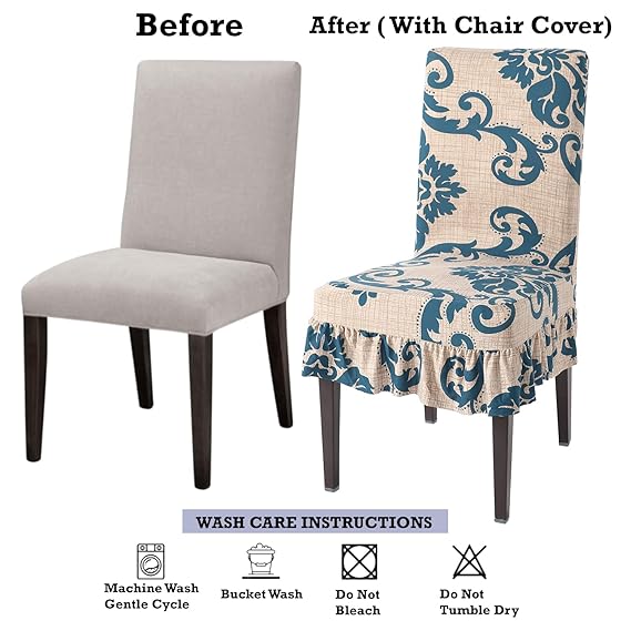 Elastic Stretchable Dining Chair Cover with Frill, Beige Damask