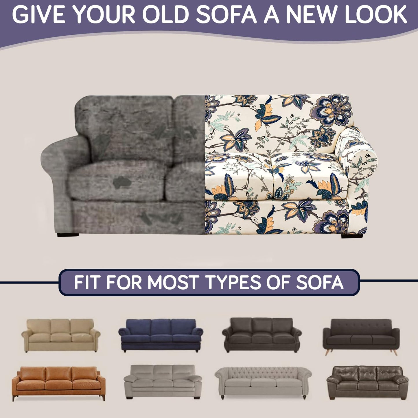 Printed Stretchable Sofa Slipcover with 1/2/3 Pc Separate Seat Cushion Cover for each 1/2/3 Seater, Cream Majestic Flora