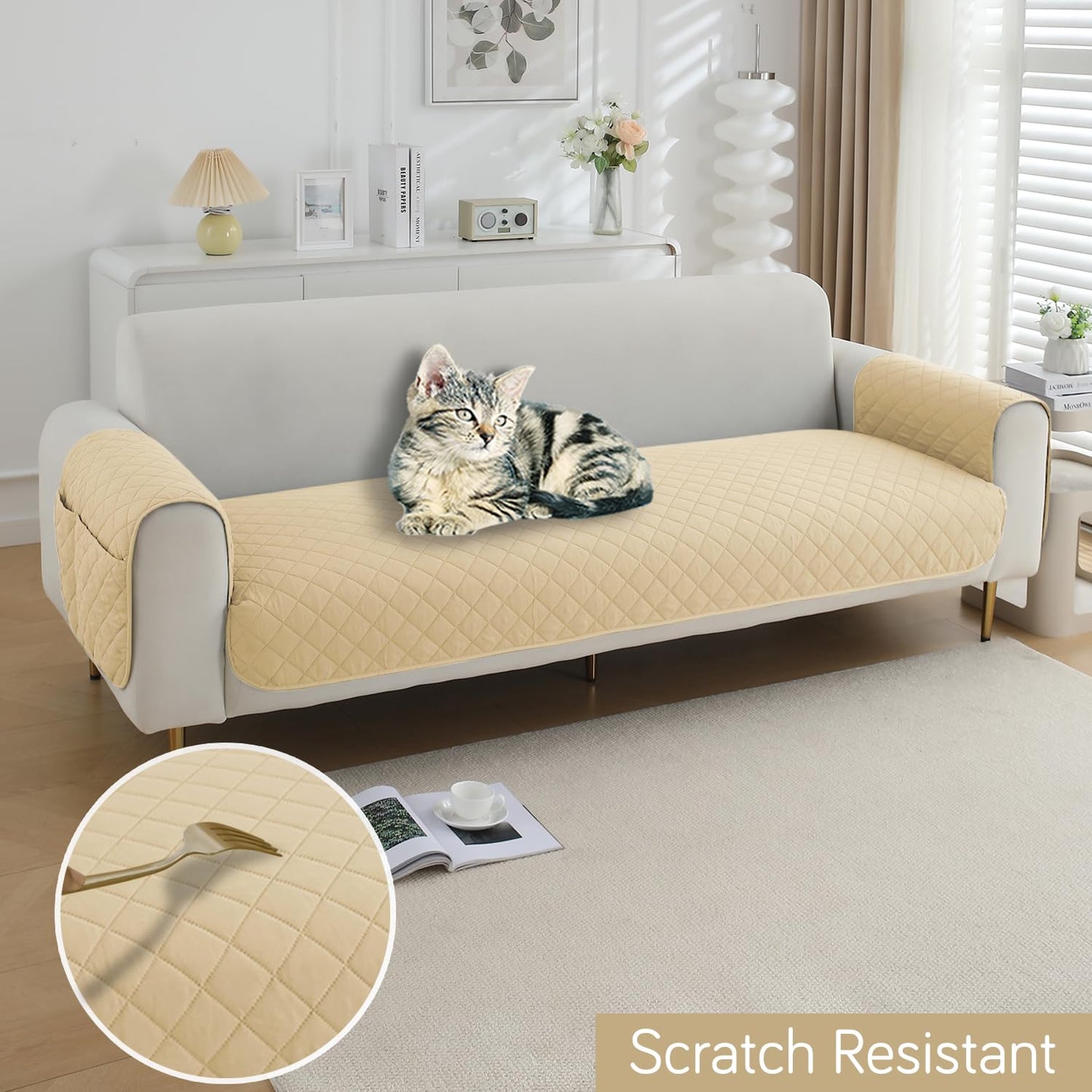 HOKIPO Quilted Waterproof Sofa Seat Mat with 2 Armrest Covers with Pockets, Beige