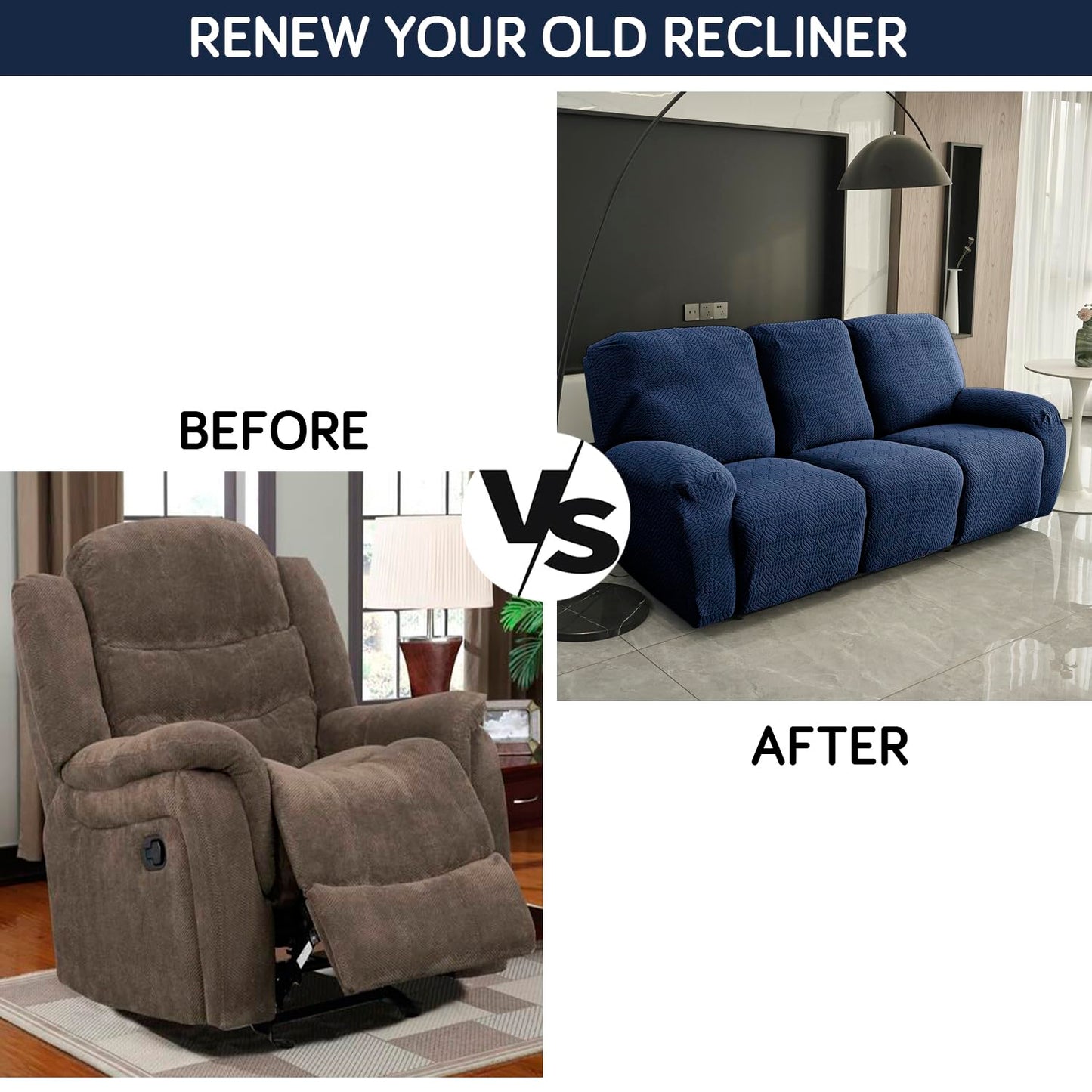 Premium 170 GSM Jacquard Fully Covered Recliner Sofa Cover for 1/2/3 Seaters, Navy Blue