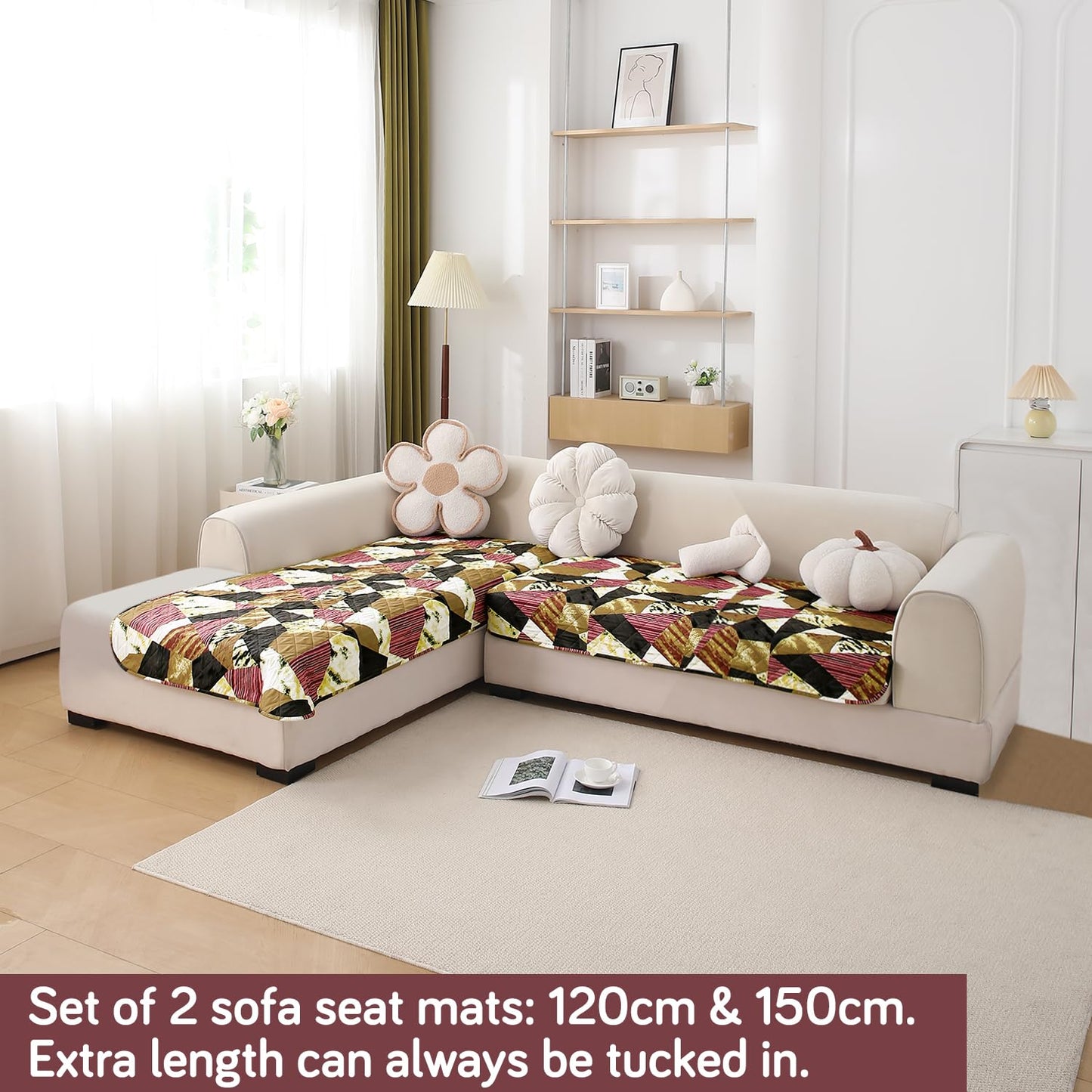 HOKIPO Waterproof Printed Quilted Quick Dry L Shape Sofa Seat Cover Mat, Wine Abstract Geometry