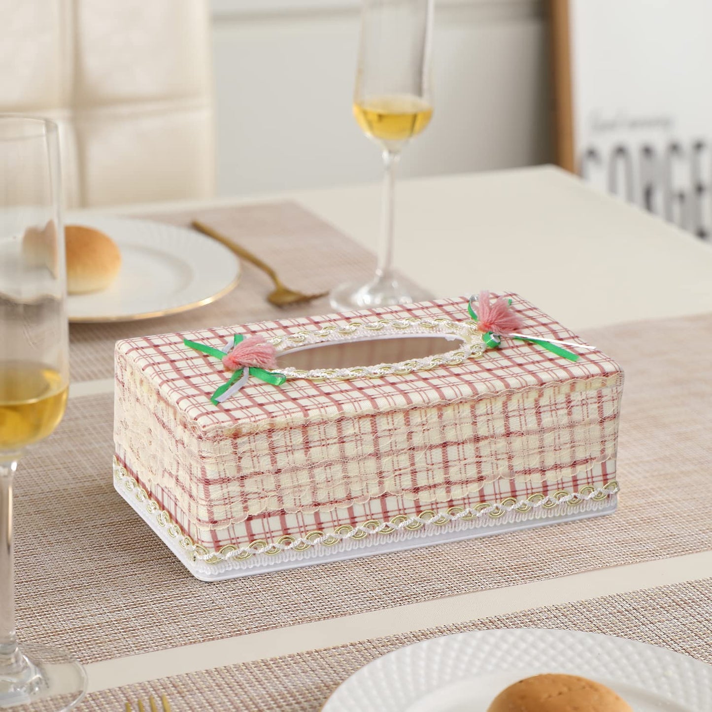Plastic Tissue Paper Holder, Checkered Beige