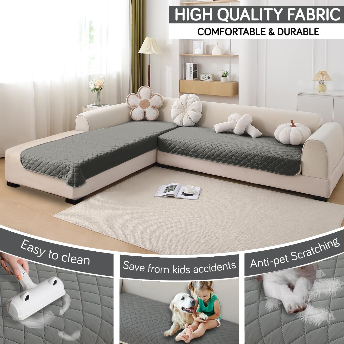 HOKIPO Waterproof Quilted Quick Dry L Shape Sofa Seat Cover Mat, Dark Grey