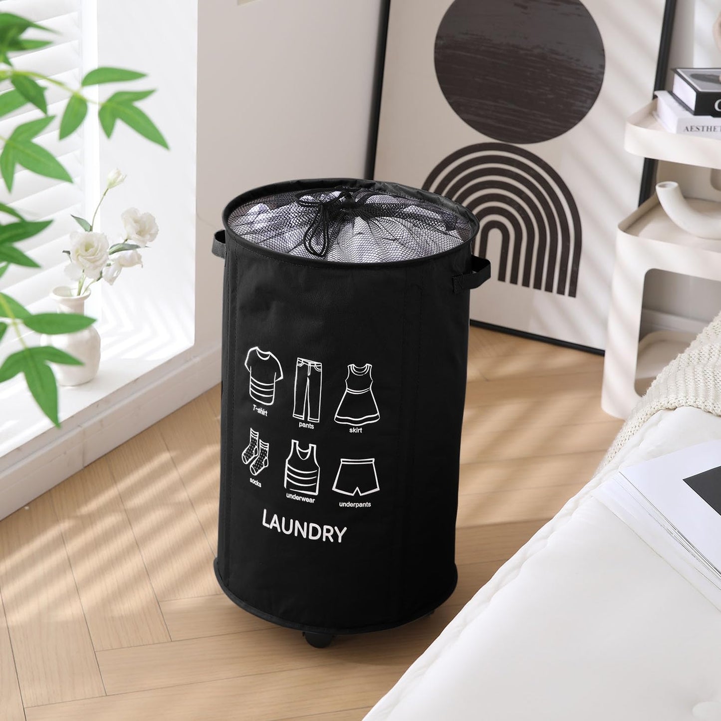 Laundry Basket Foldable Hamper With Wheels, Black