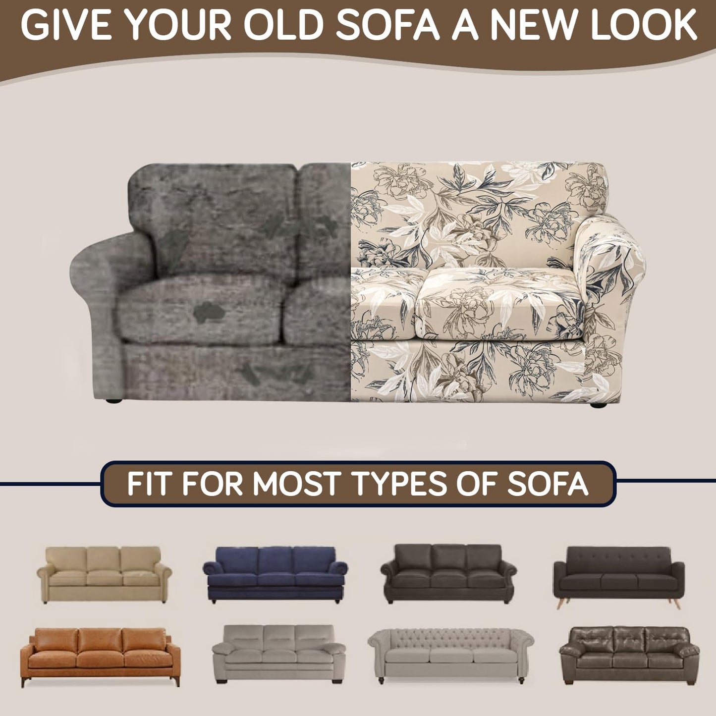 Printed Stretchable Sofa Slipcover with 1/2/3 Pc Separate Seat Cushion Cover for each 1/2/3 Seater, Beige Vintage Peony