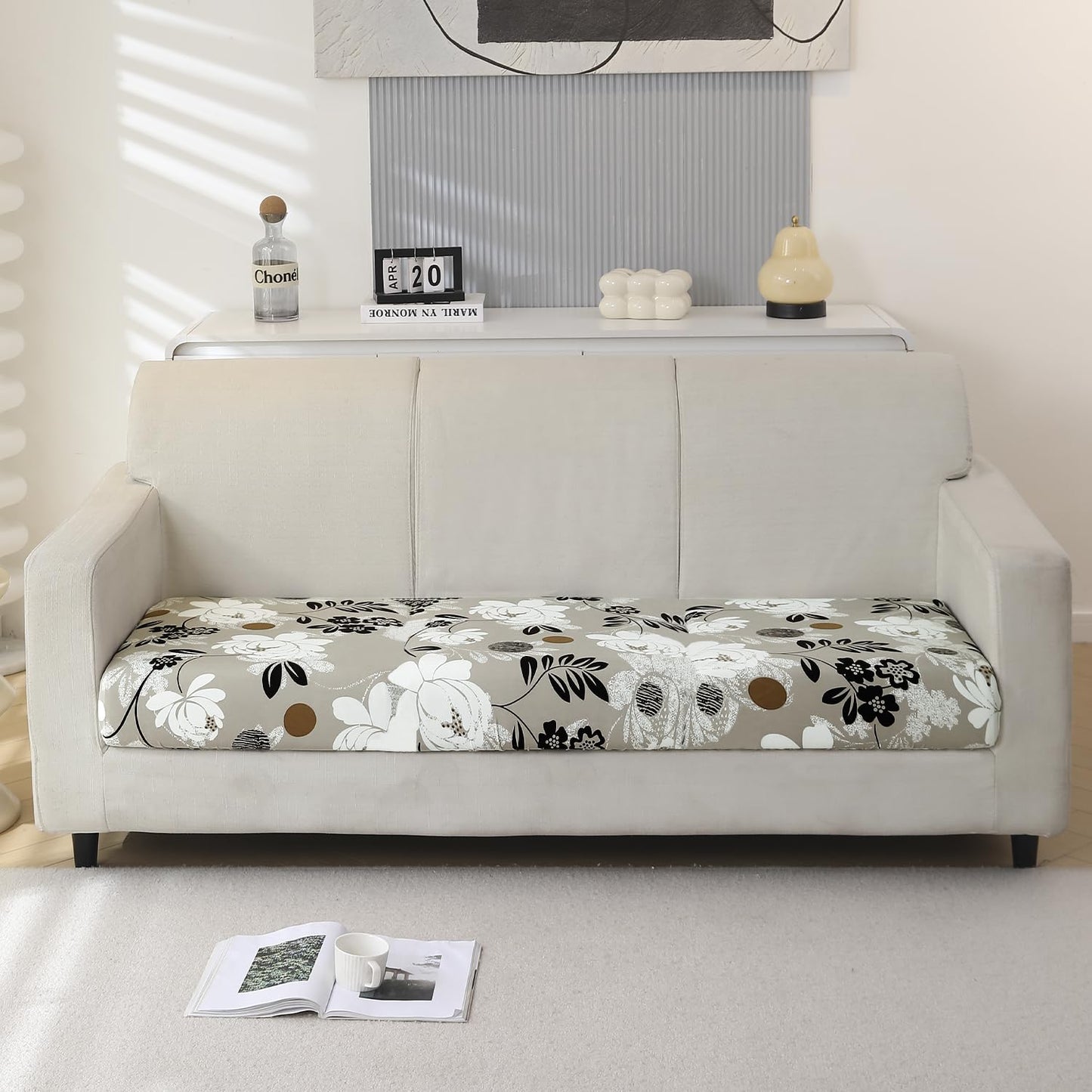 140 GSM Stretchable Printed Elastic Sofa Cushion Seat Cover for 1 /2 /3 Seaters / Pieces for Sofa, Feather Brown Floral