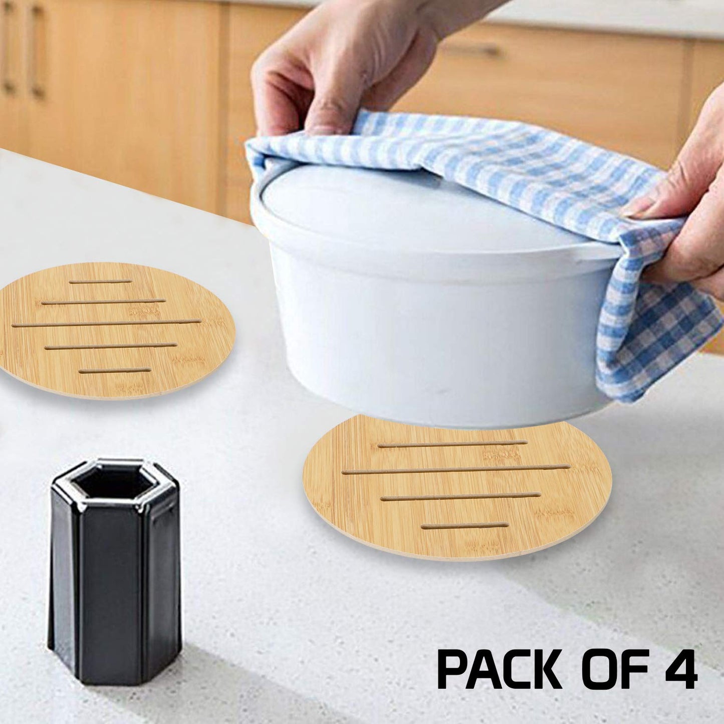 HOKIPO Eco-Friendly Extra Thick Bamboo Wooden Coasters for Dining Table Heat Pad for Kitchen - Pack of 2/4/6