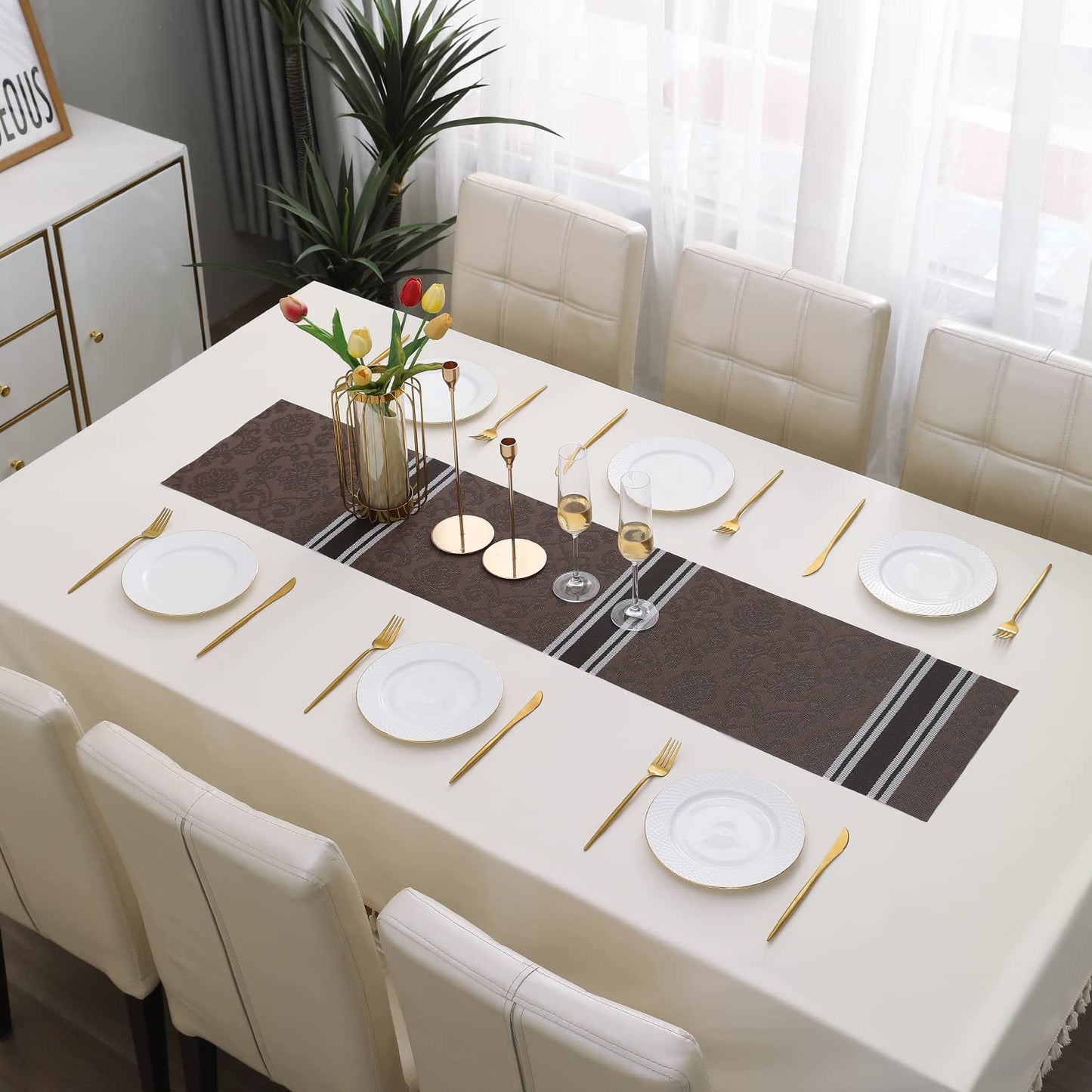PVC Table Runner Dinner and Coffee Table, 30x135 cm, Damask Brown