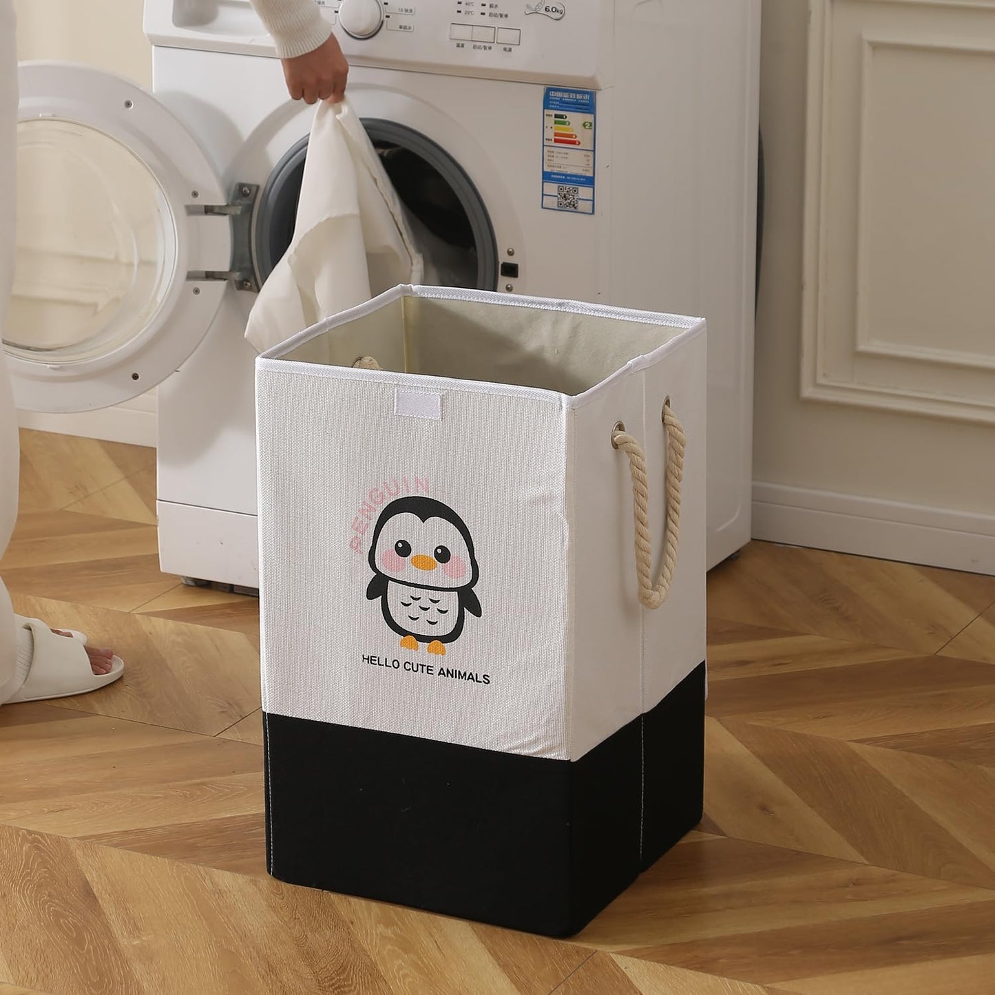 Foldable Laundry Basket for Clothes with Lid, Black - Penguin