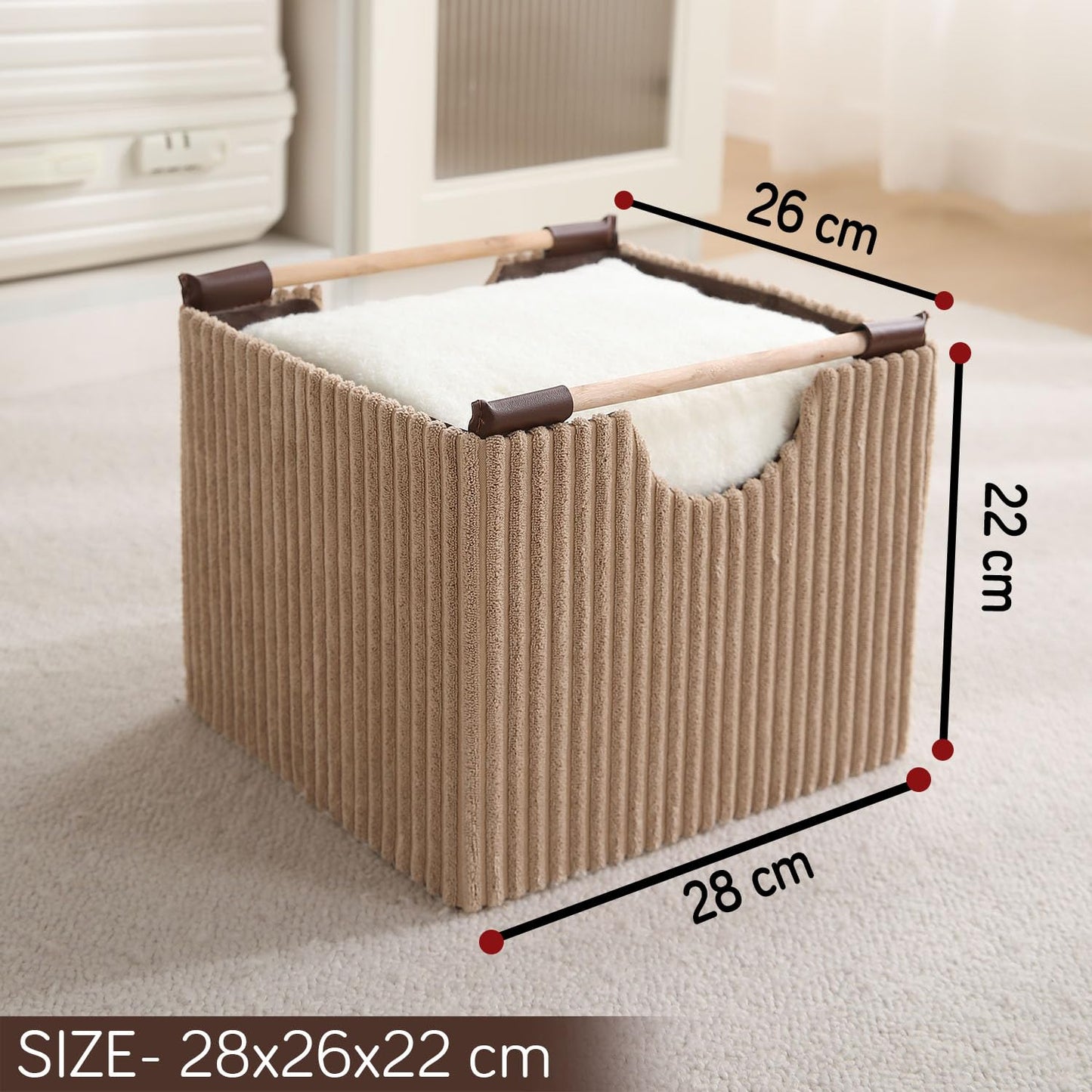 Premium Foldable Storage Bin with Wooden Handles | Corduroy Fabric Organizer Box for Wardrobe, Books, Clothes & Misc Items, Cream