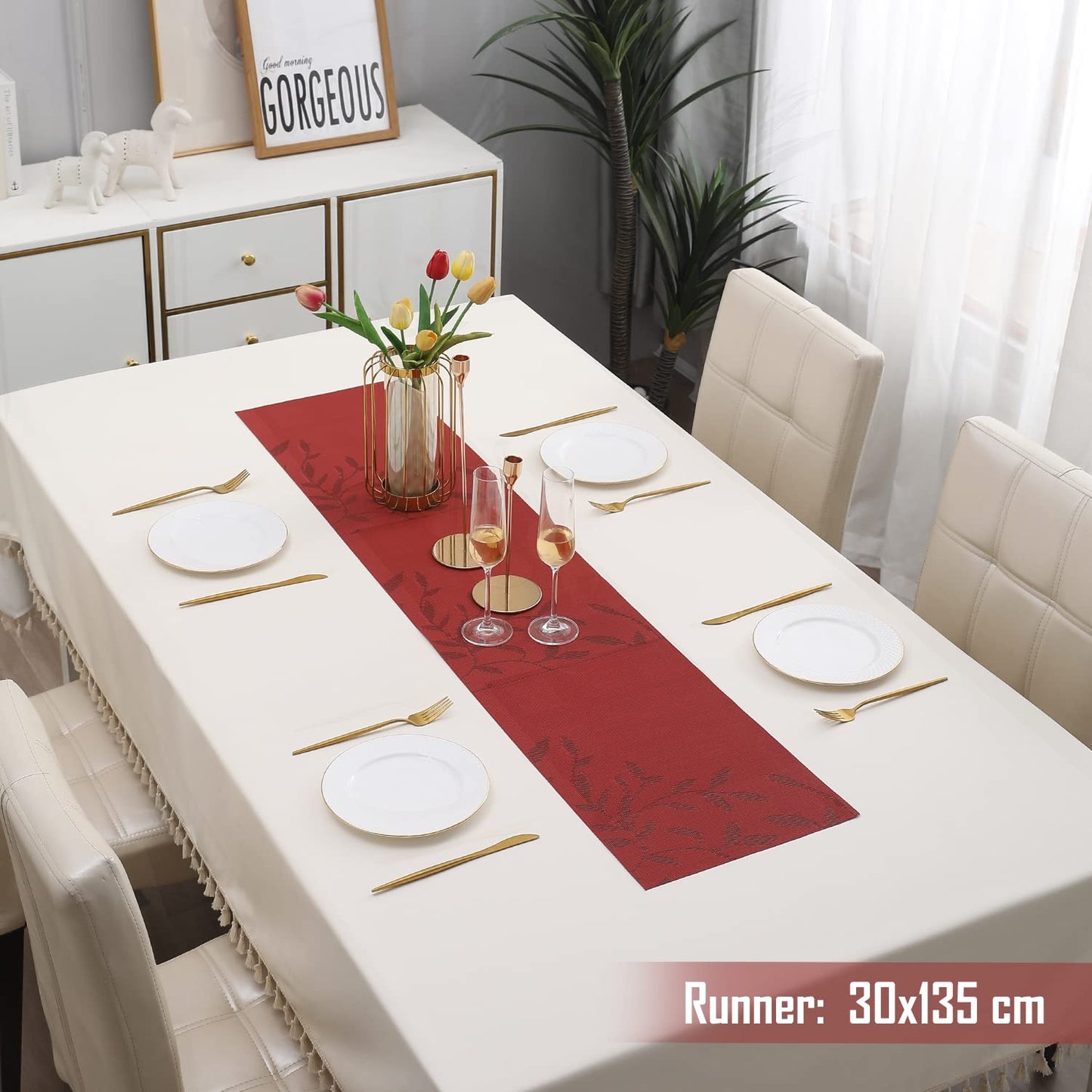 PVC Table Runner Dinner and Coffee Table, 30x135 cm, Red Leaves