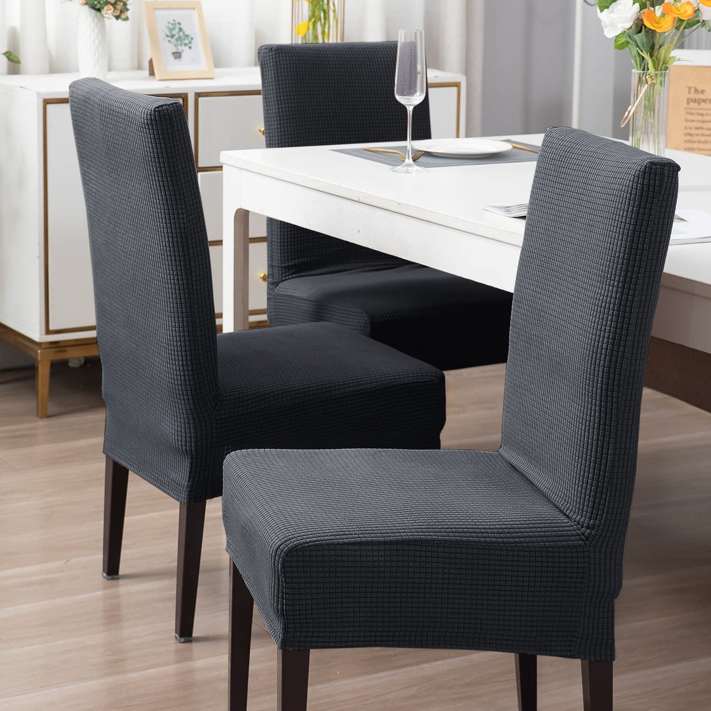 200 GSM Jacquard Set of 1/2/4/6 Dining Chair Cover, Dark Grey