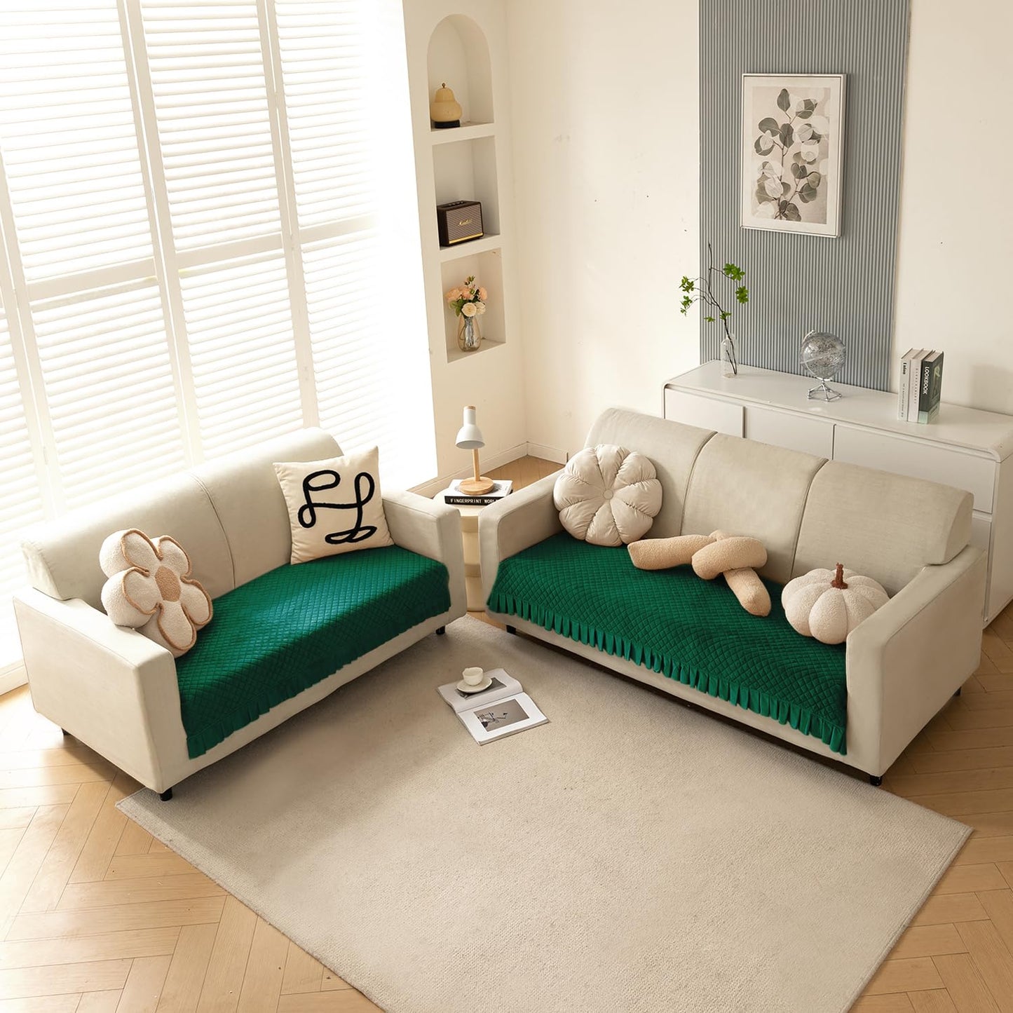 Holland Velvet Sofa Cover Seat Mat with Frill for 1/2/3 - Seater, Bottle Green