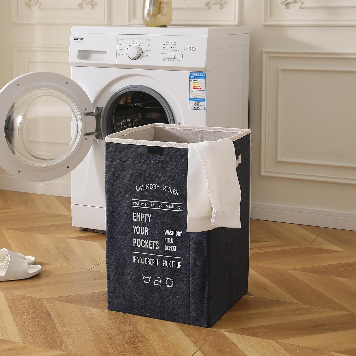 Foldable Laundry Basket for Clothes with Lid, Navy Blue