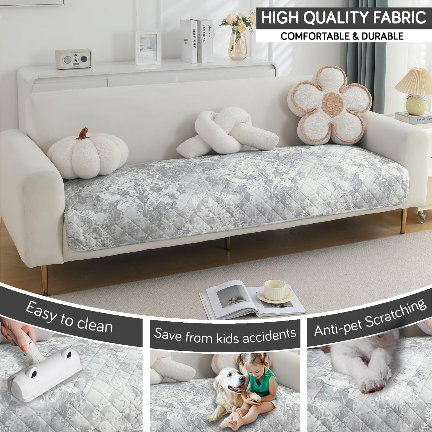 HOKIPO Quilted, Waterproof and Anti-Slip Sofa Cover Mat, Motifs Cloud Grey