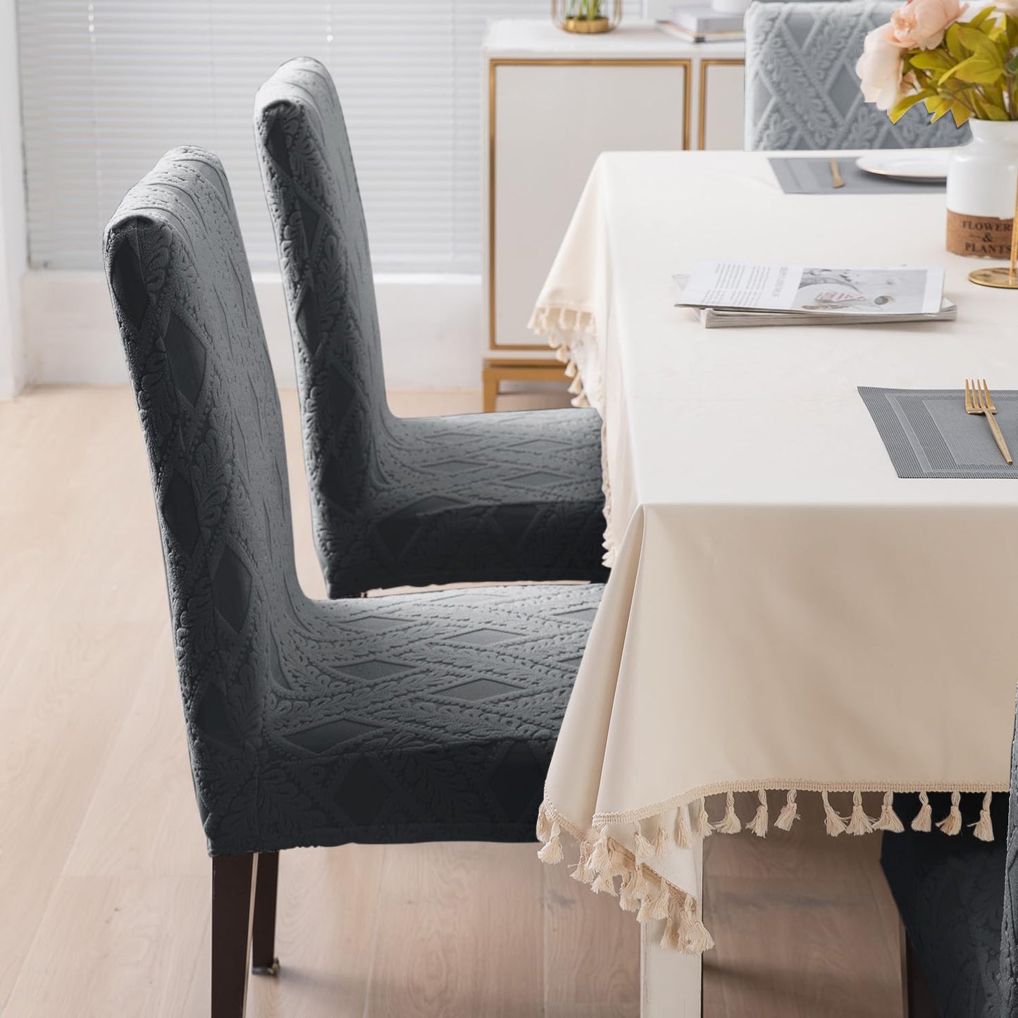Chair Cover Set of 1/2/4/6, 190 GSM Jacquard, Dark Grey