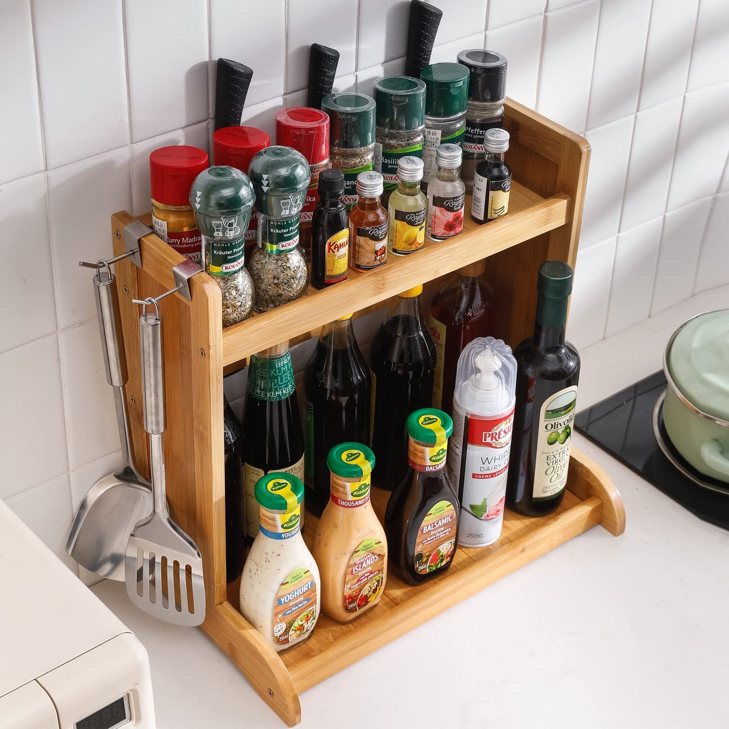 Bamboo 2 Tier Spice Rack Organizer For Kitchen Platform Countertop, Tabletop, Hanging Rack Storage Shelf Stand, Tiered Shelf