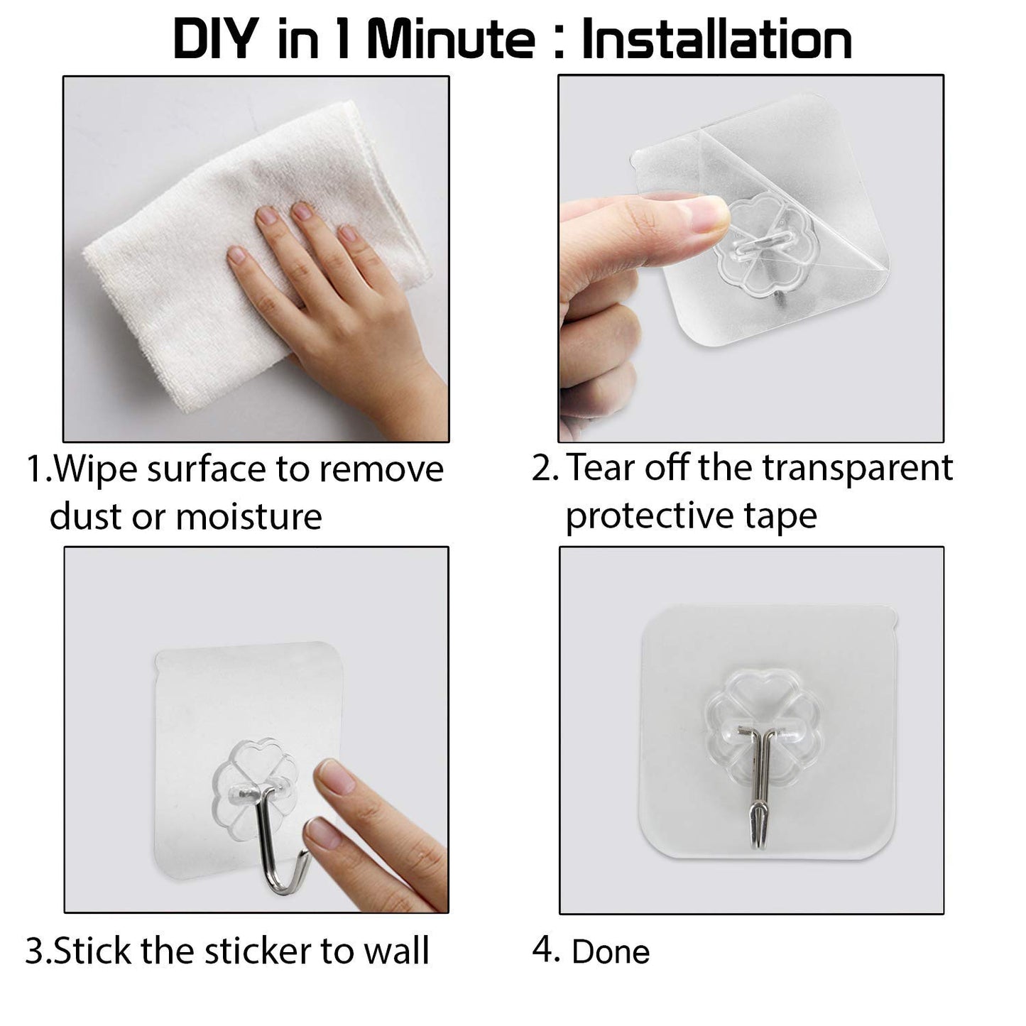 Magic Sticker Series Adhesive Hooks - Load Capacity 5 kg, Pack of 10/20, Transparent