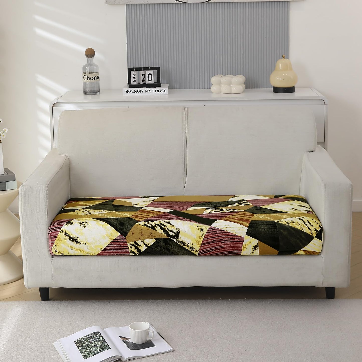 140 GSM Stretchable Printed Elastic Sofa Cushion Seat Cover for 1 /2 /3 Seaters / Pieces for Sofa, Wine Abstract Geometry