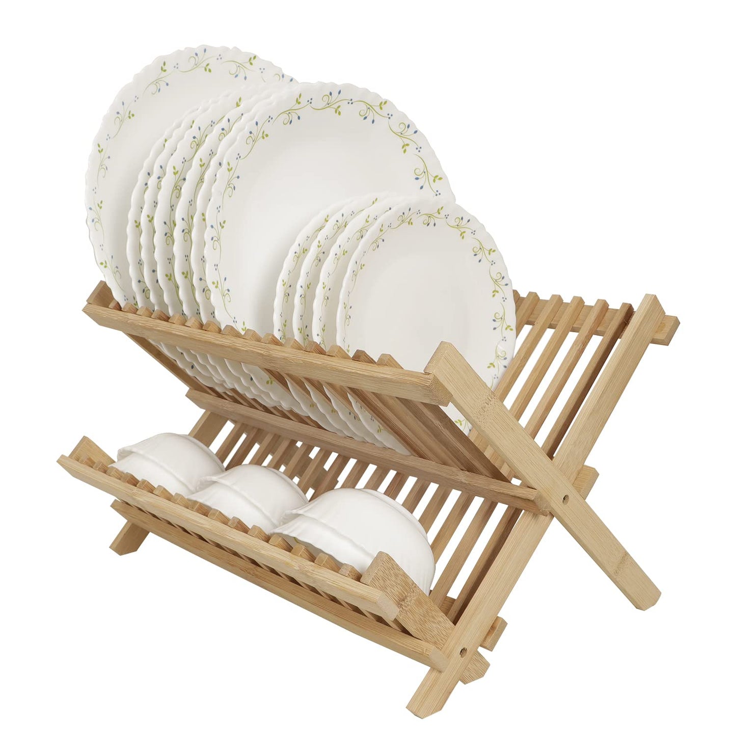 Wooden Folding 2-Tier Bamboo Plate Stands, 38 x 25 x 23 cm