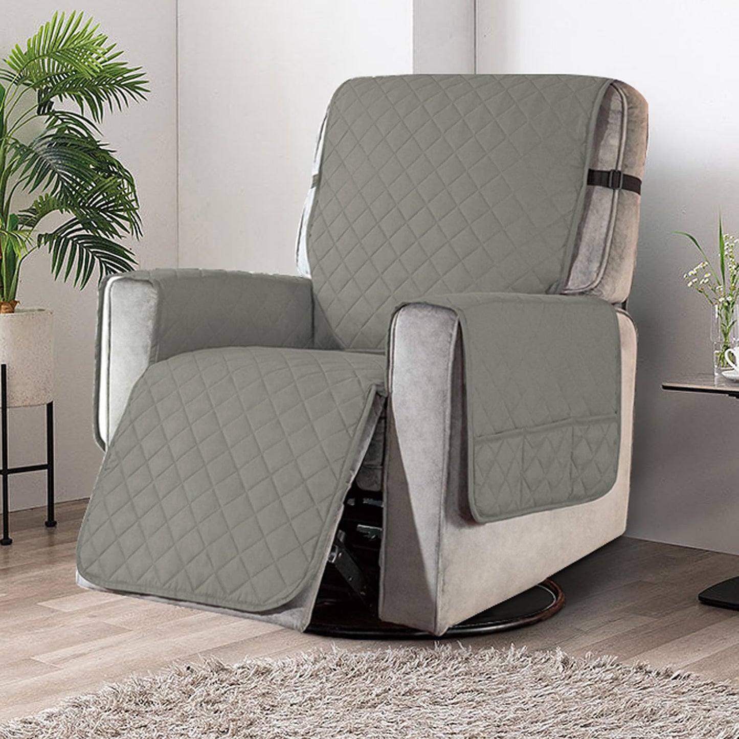 Quilted Recliner Chair Cover With Side Pockets for 1 Seater Sofa, Light Grey