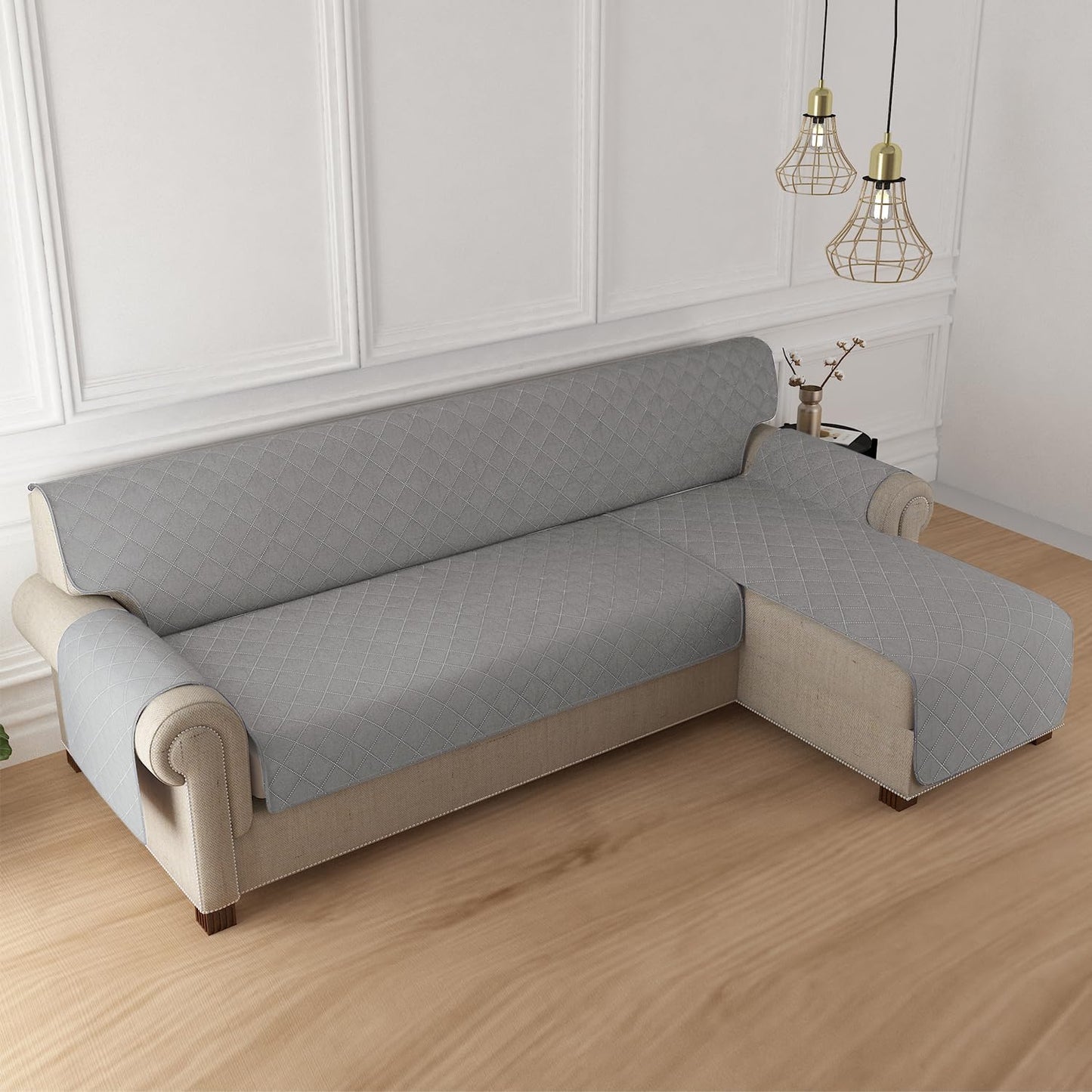 HOKIPO Quilted Reversible One Piece L Shape 4/5/6 Seater Sofa Cover Mat, Light Grey