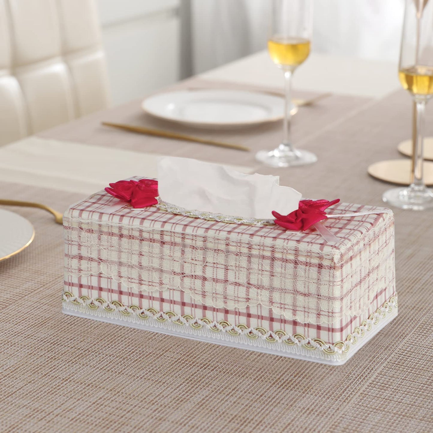 Plastic Tissue Box Holder, Checkered Pink