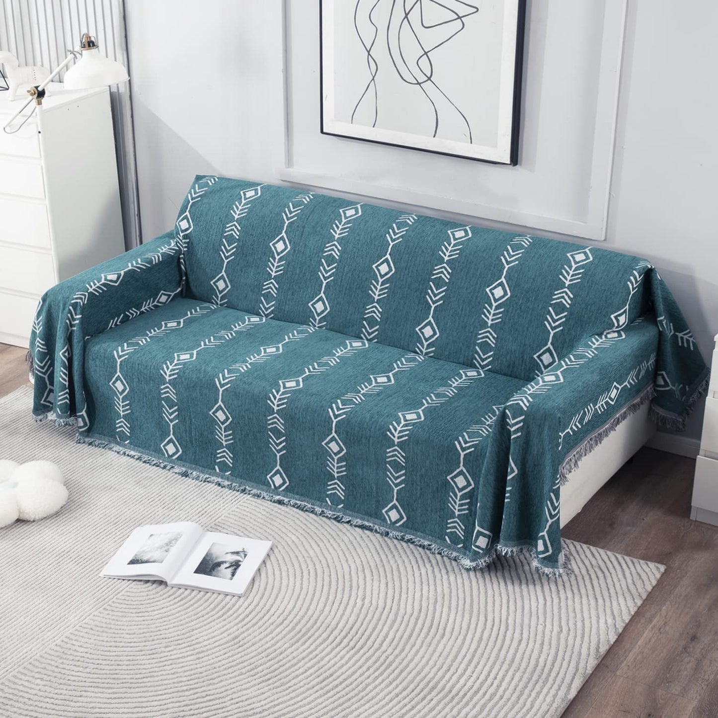 Thick, Soft and Pet Friendly Chenille Sofa Cover Throw, Teal Aztec